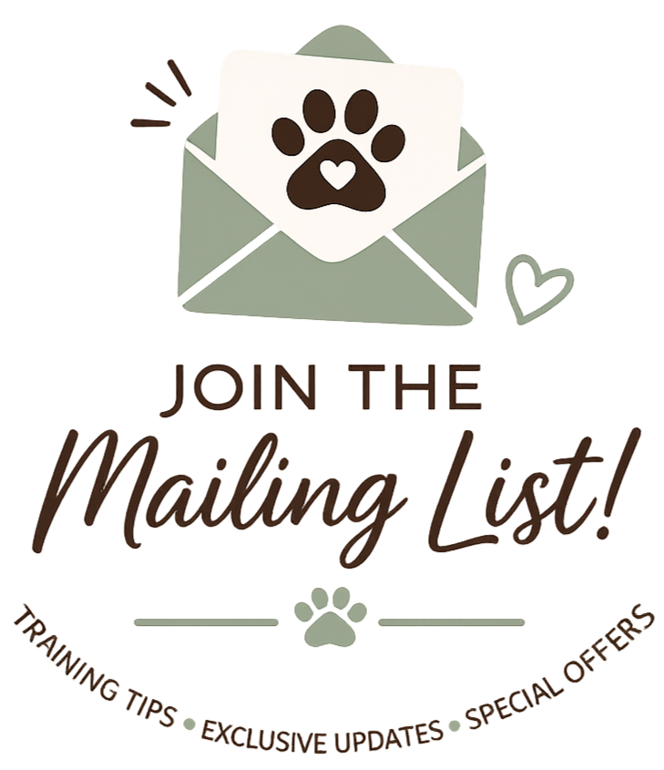 Illustration of an envelope with a paw print sticker inside and a heart shape on one of its flaps. Text reads 'Join the Mailing List!' with additional smaller text indicating 'training tips, exclusive updates, special offers' arranged in a curve.