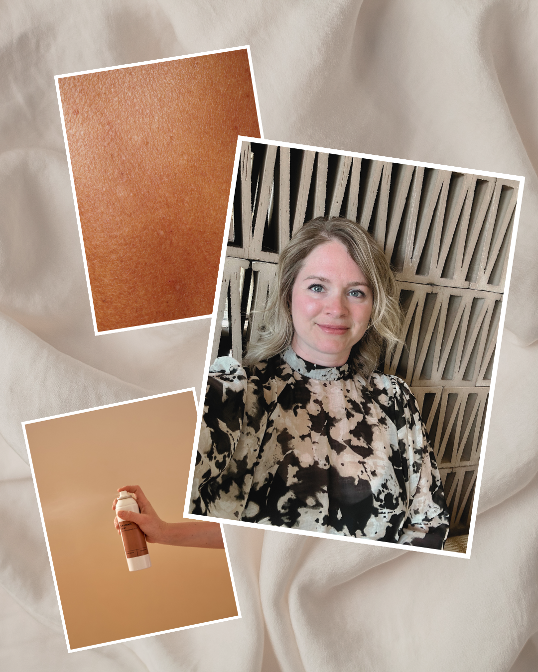 Collage featuring a woman with light hair wearing a patterned blouse, a close-up of skin, and a hand holding a spray can, against a fabric background.