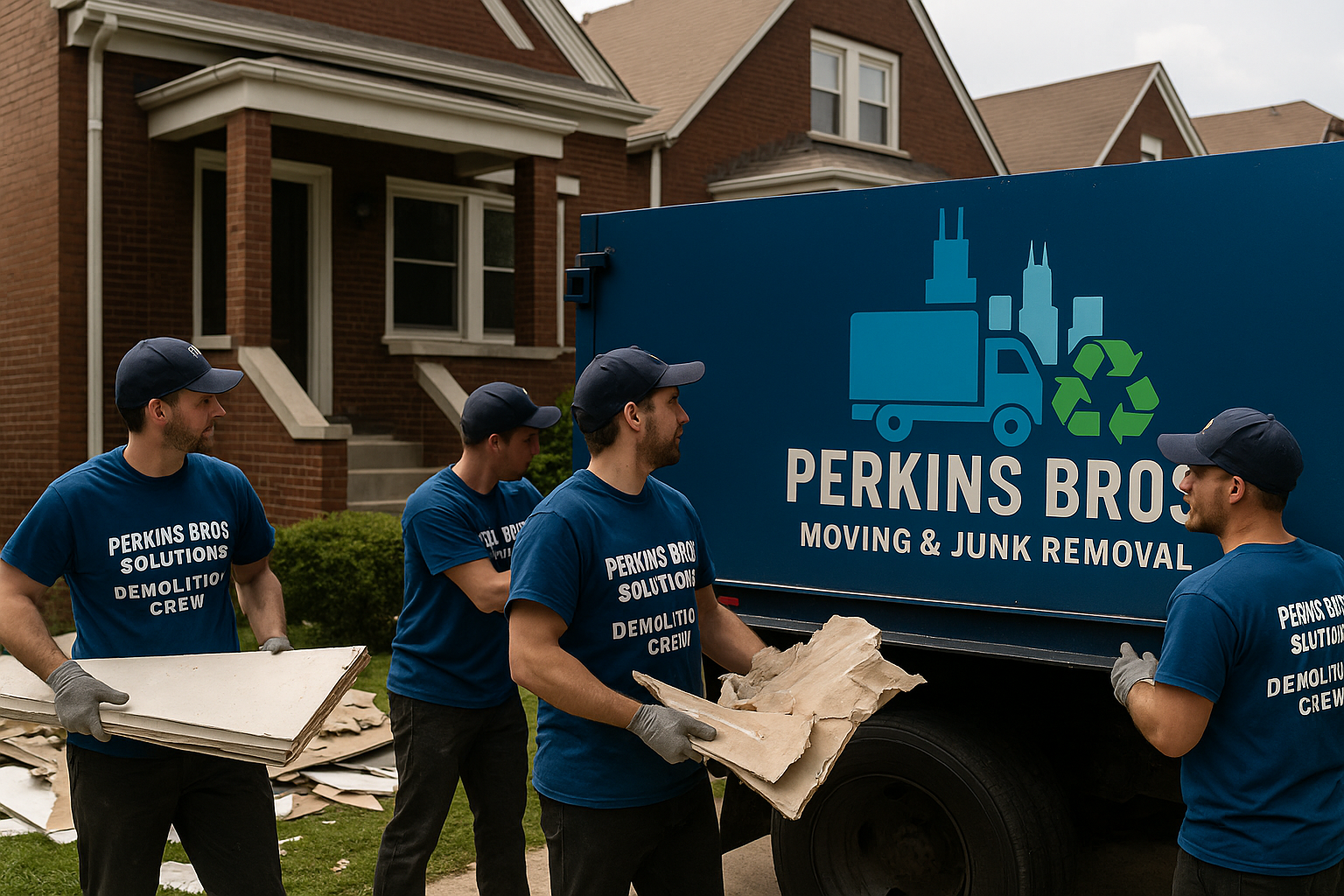 Four workers in blue shirts and caps unloading cardboard and paper above the lawn in front of a brick house, near a blue moving truck labeled "Perkins Bros Moving & Junk Removal."