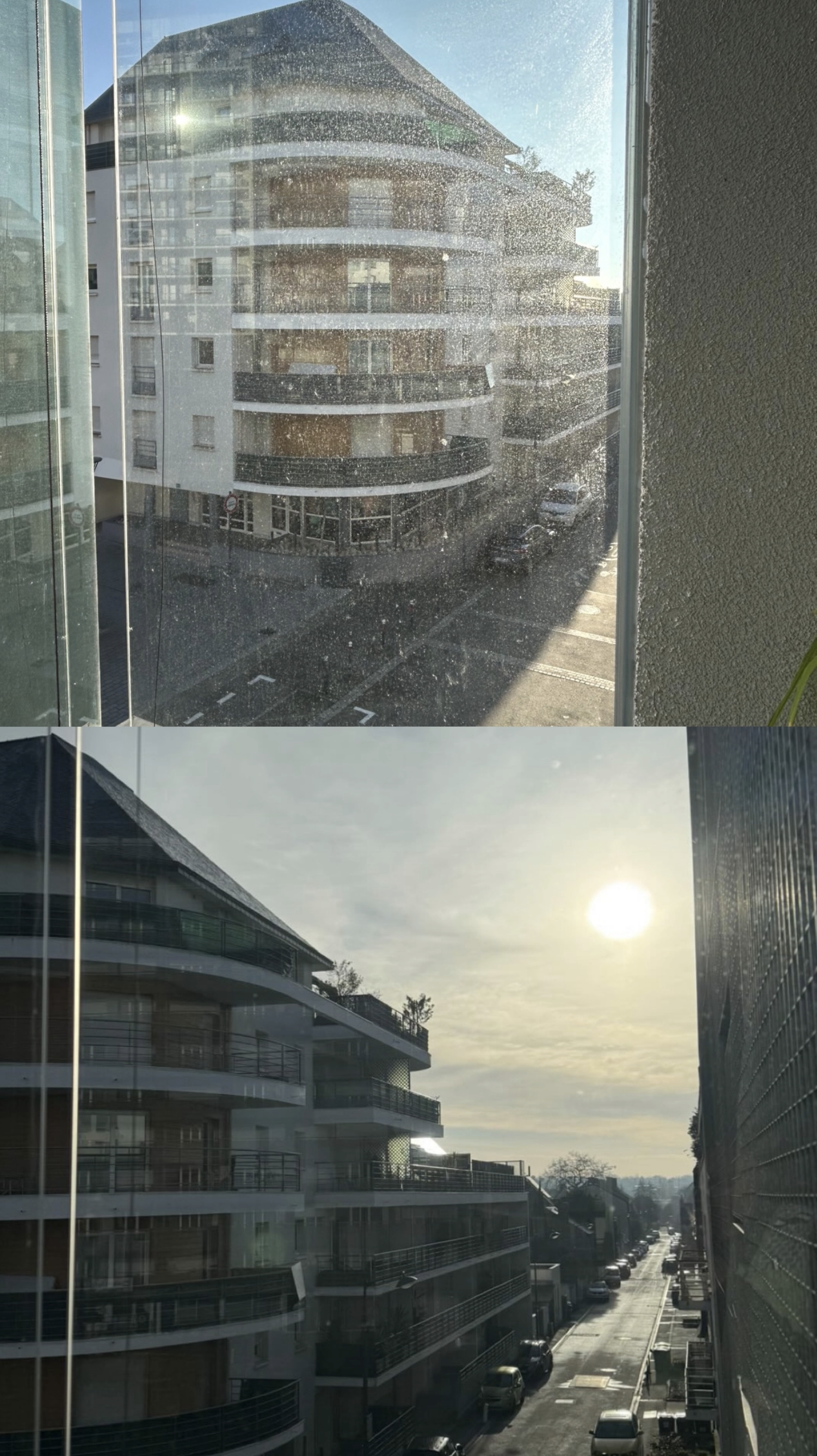 Avant / après : nettoyage de vitres à Brest – élimination des traces, poussière et calcaire pour une vue nette et lumineuse.