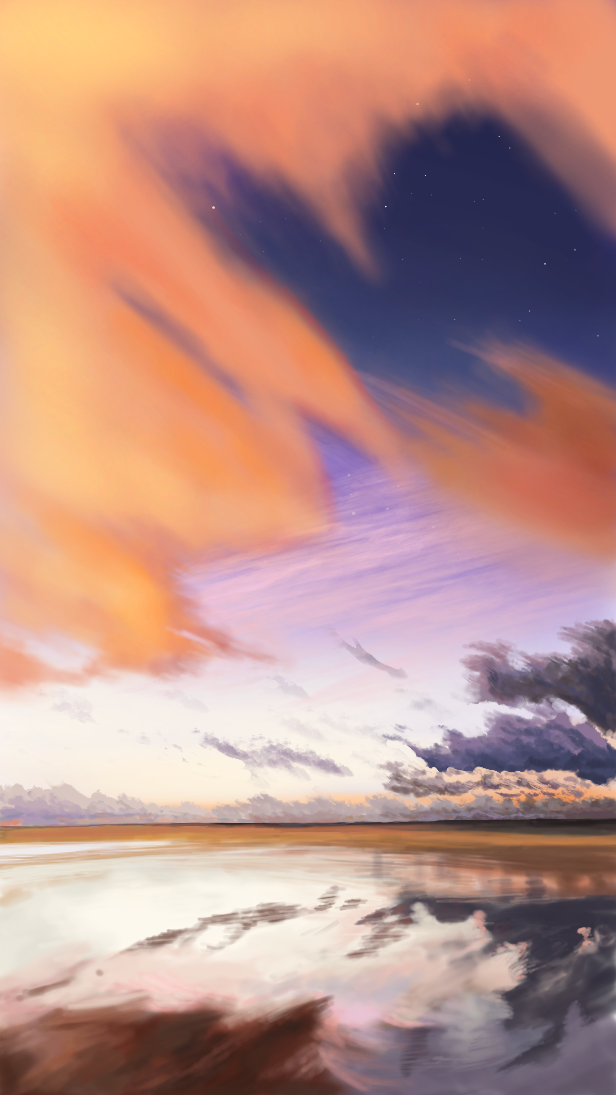 A digital painting of a lake at sunset with colorful clouds in the sky reflecting on the water.