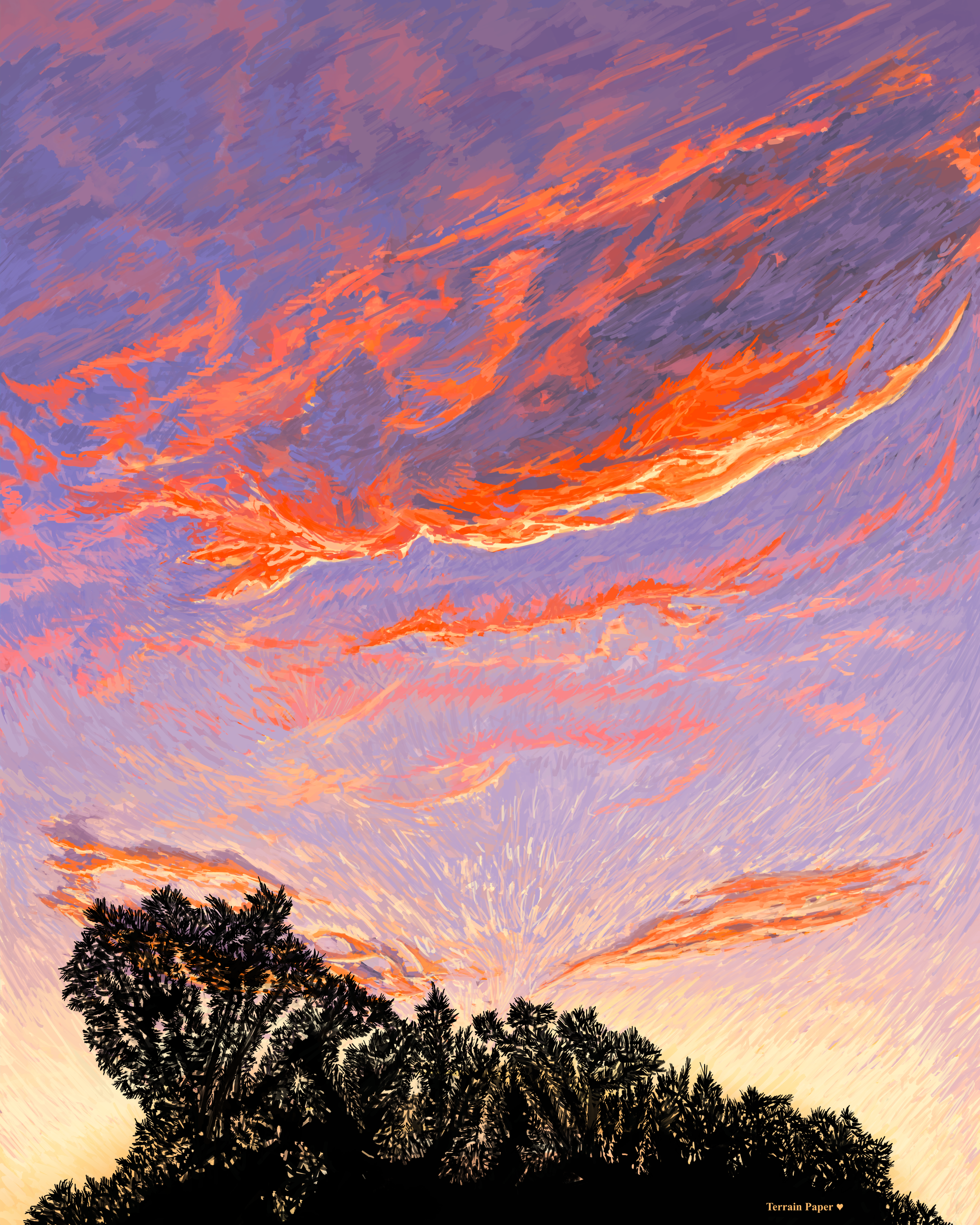 Colorful sunset sky with pink, orange, purple clouds over silhouetted trees.