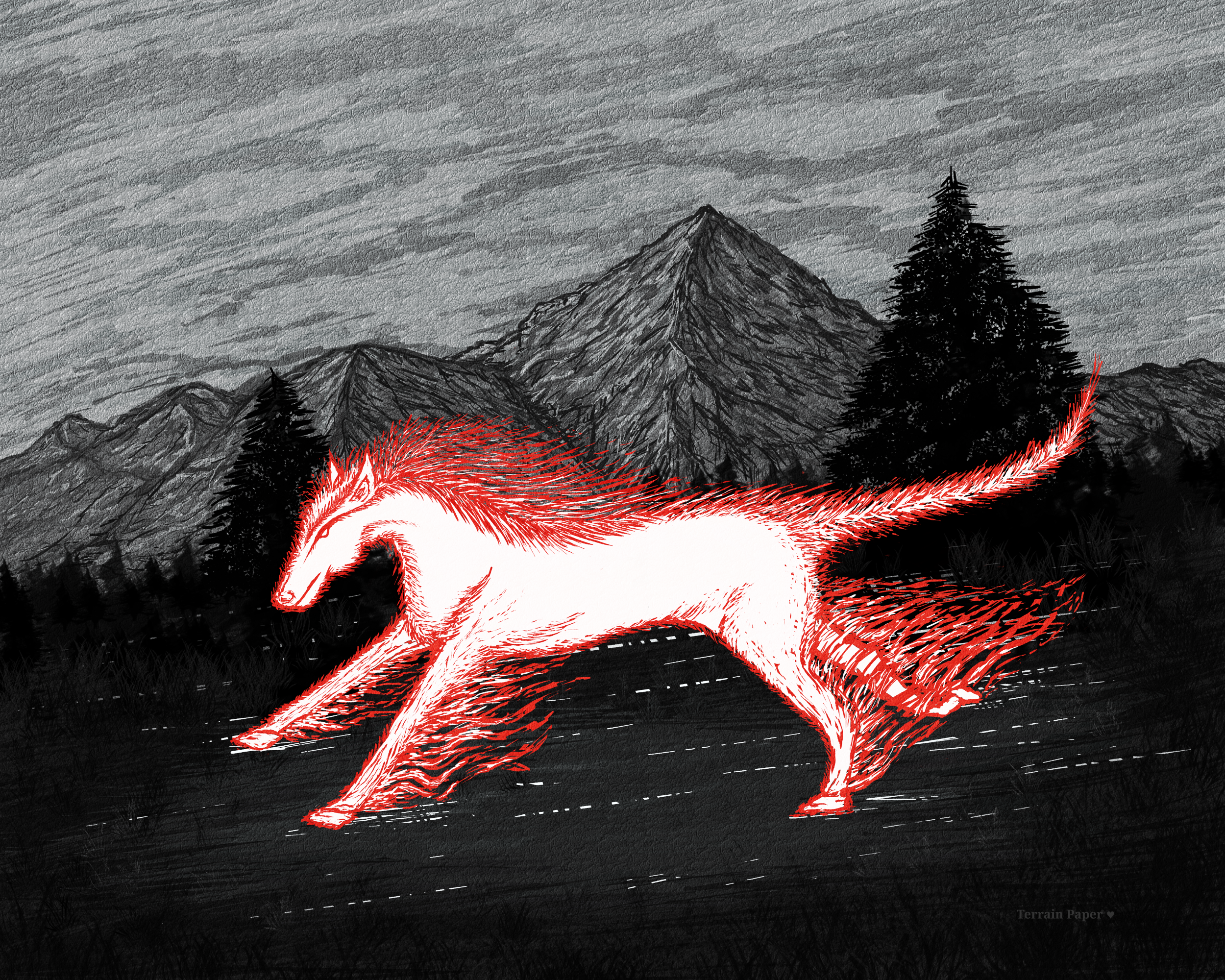 A drawing of a white horse with red accents on its outline, standing on a dark road with a mountain in the background and trees on either side. The sky appears cloudy.