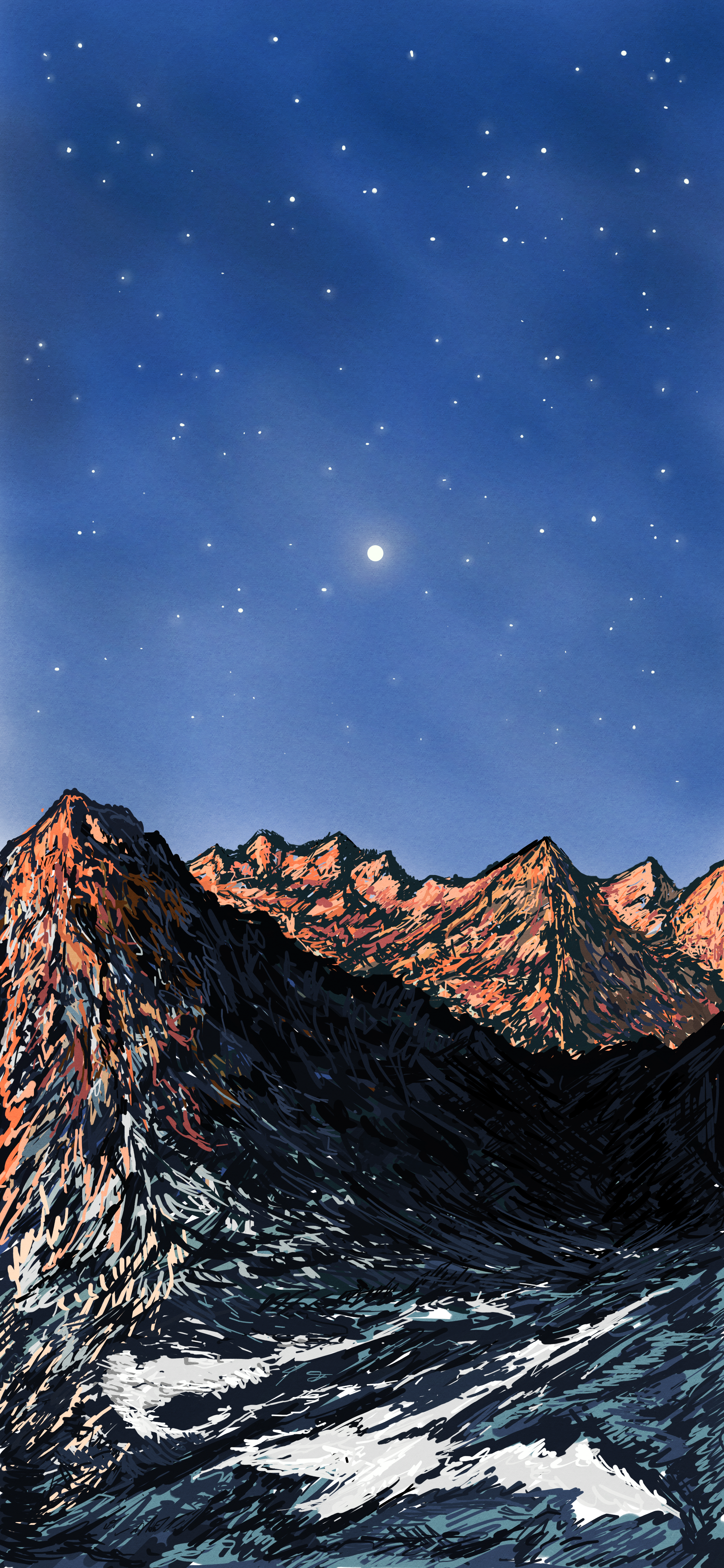 Digital illustration of a mountain range under a night sky with stars and the moon.