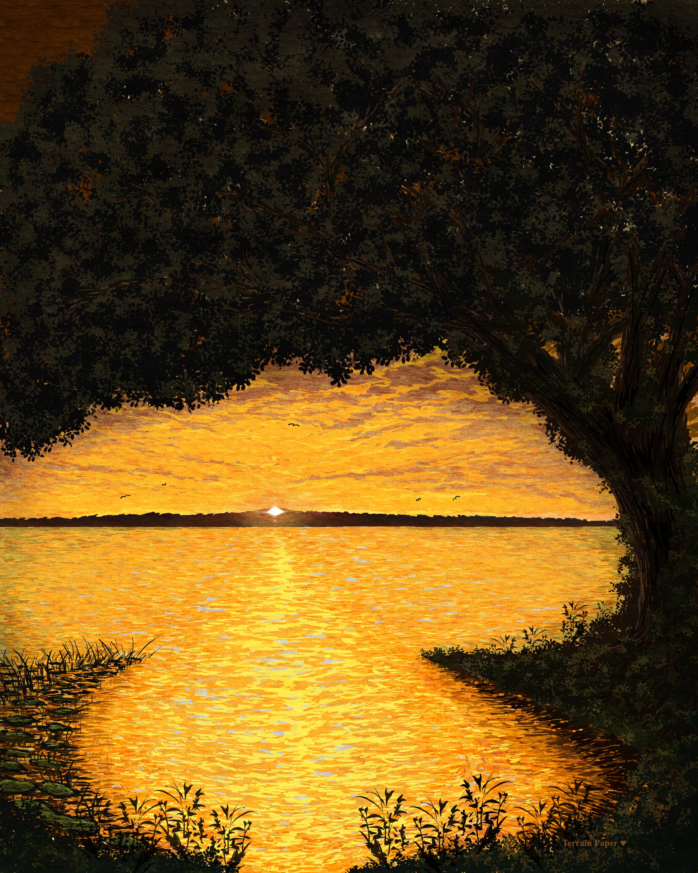 A painting of a sunset over a body of water, with dark trees in the foreground and a vibrant orange and yellow sky reflected on the water.