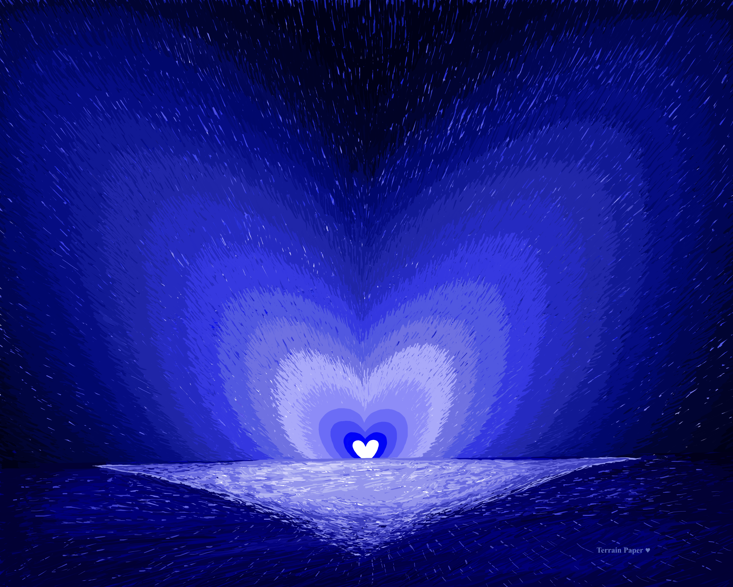 A digital art image depicting a large, glowing, layered heart against a dark blue night sky filled with streaks of light, with a reflective water surface at the bottom.