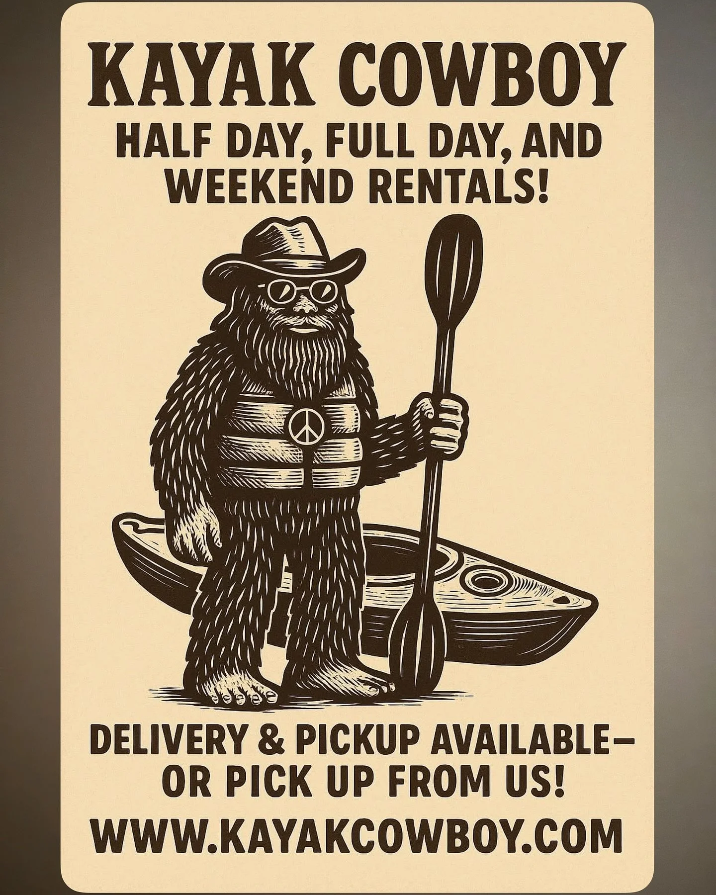 🛶 Ride with the Kayak Cowboy 🏞️

Half day, full day, or the whole dang weekend &mdash; we&rsquo;ve got a yak ready for your wild side.
🚚 Delivery &amp; pickup available, or come grab it yourself.
Float where the service ends and the adventure begi