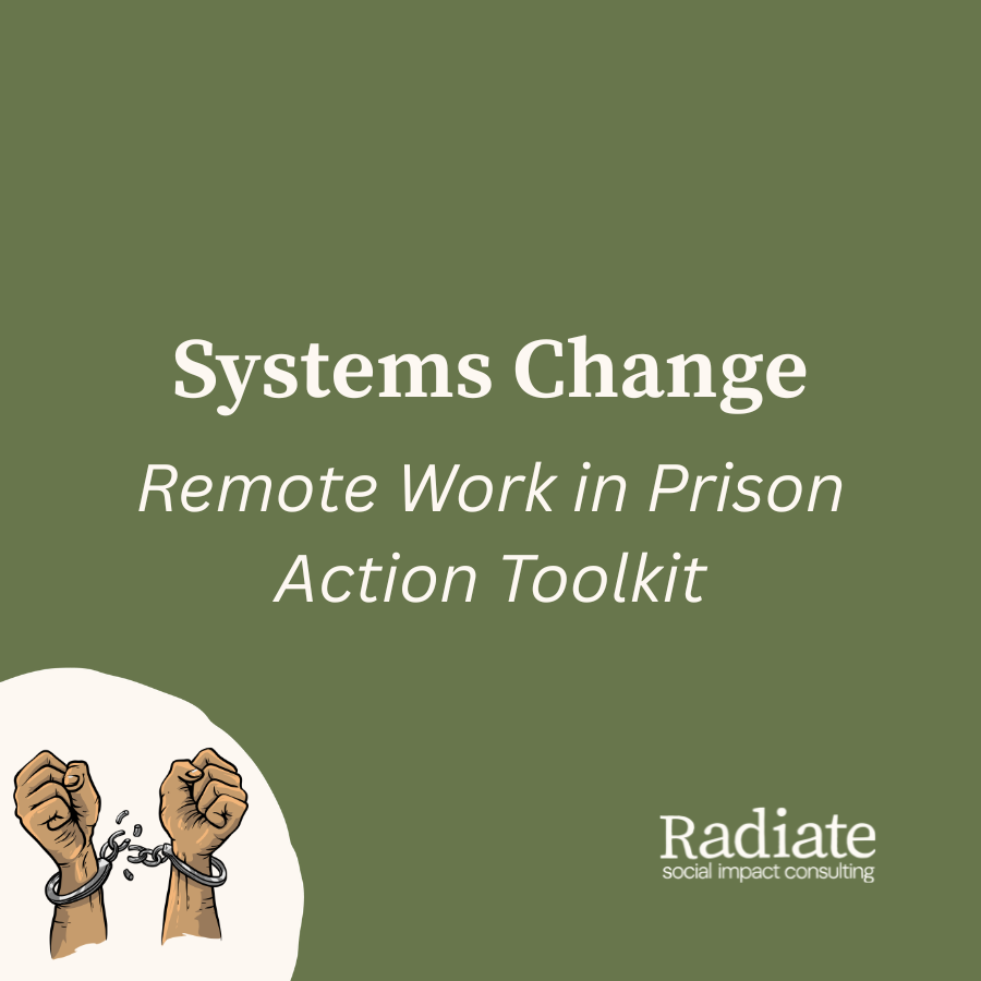 Systems Change: Remote Work in Prison Action Toolkit. Bottom lefthand corner shows fists raised with chains breaking around their wrists as a sign of freedom.