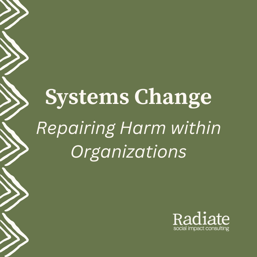 Green square with Radiate Logo with text "Systems Change: Repairing Harm within Organizations"