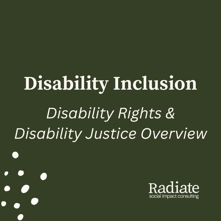 Green square with Radiate Logo with text "Disability Inclusion: Disability Rights & Disability Justice Overview"