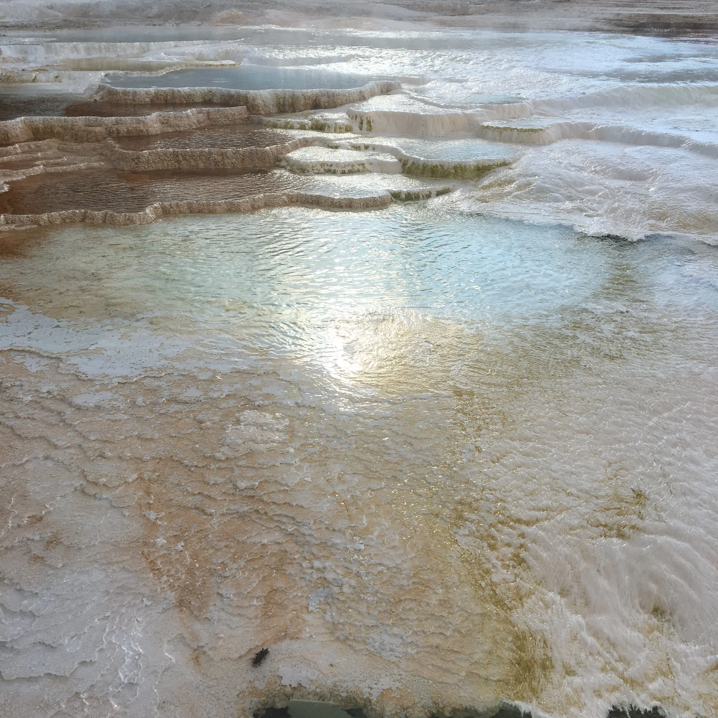 Natural travertine terraces with mineral-rich water in a geothermal area.
