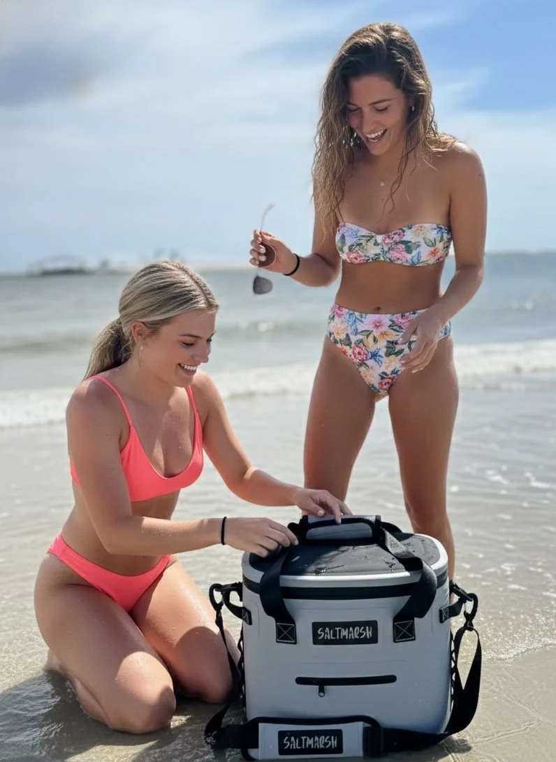 Two young women enjoy a day at the beach with a saltwater fishing cooler. One is kneeling and opening the cooler, while the other stands nearby, smiling and holding sunglasses. The backdrop features the ocean and a partly cloudy sky.
