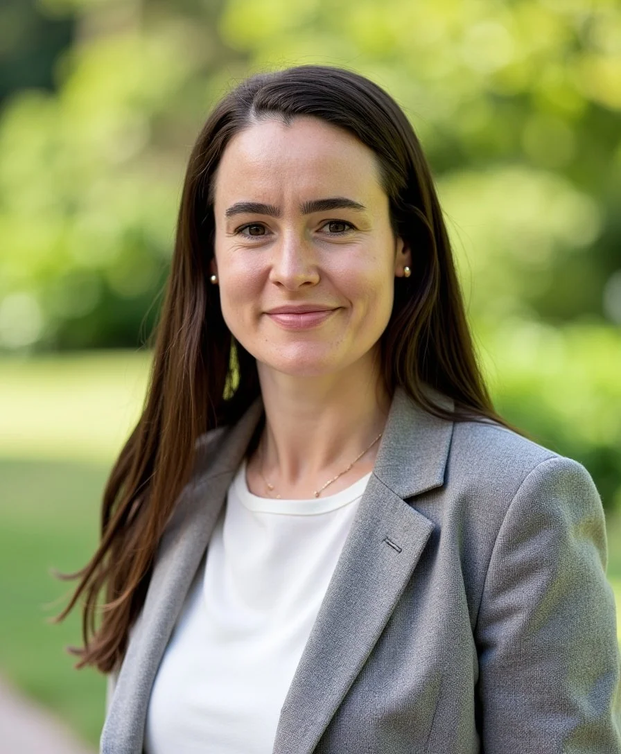 Portrait of a smiling woman with long brown hair, wearing a gray blazer and white top, standing outdoors with blurred green trees in the background.