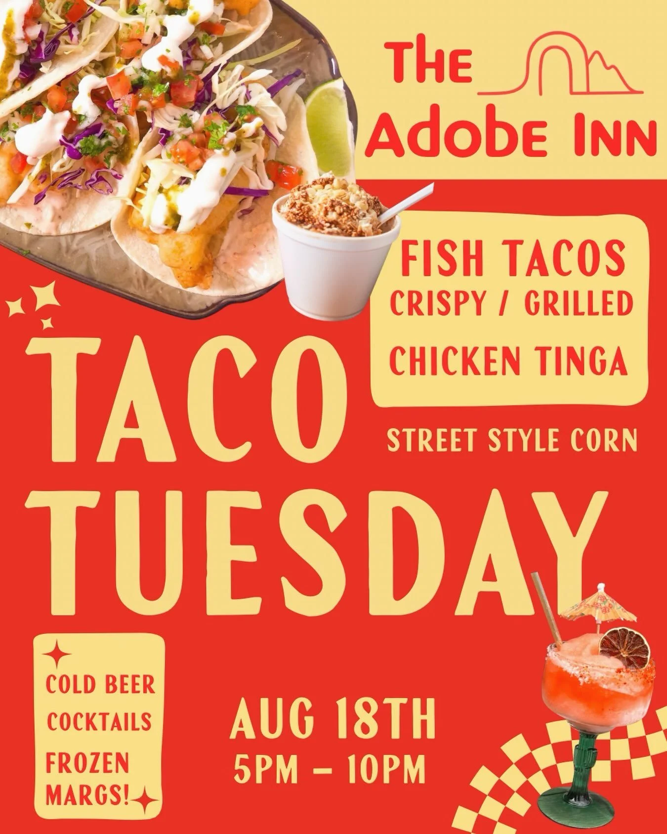 This one is going to be a good one! Frozen watermelon 🍉 margs and Paloma&rsquo;s in prime time summer. Crispy fish tacos (Ensenada style) w/ house made salsas. Chips &amp; Pico +
🌽 Corn equites with all the toppings! Fire playlist coming together 
