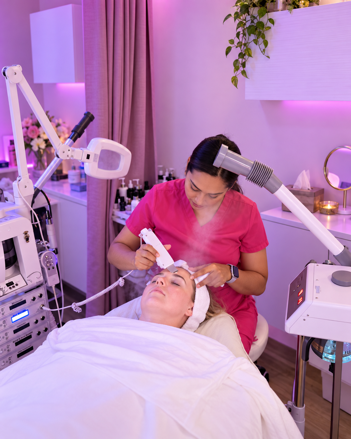 An esthetician using an ultrasonic scrubber to a client's skin.
