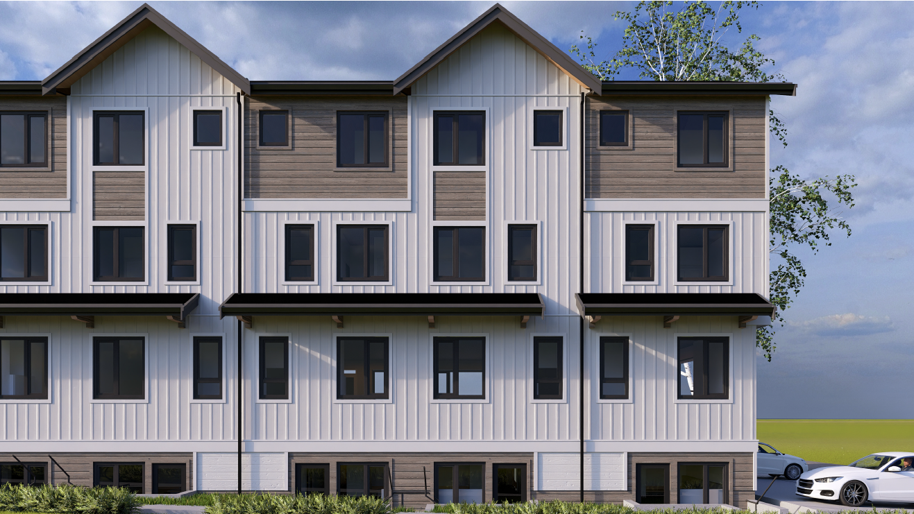 Modern multi-story residential building with white and brown exterior, multiple windows, and parked cars in front