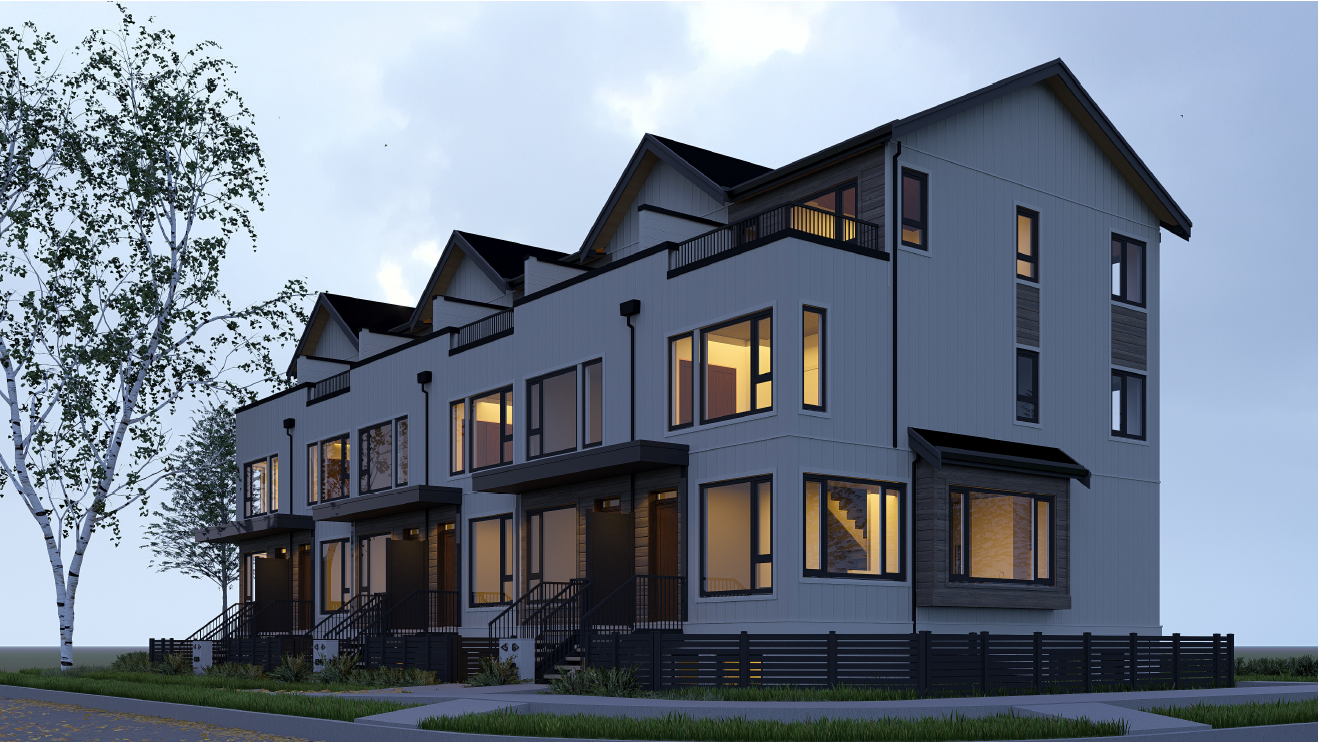 A modern multi-story residential building with large windows and small front porches, illuminated with interior lights, surrounded by a black fence, with a tree on the left and a cloudy sky in the background.