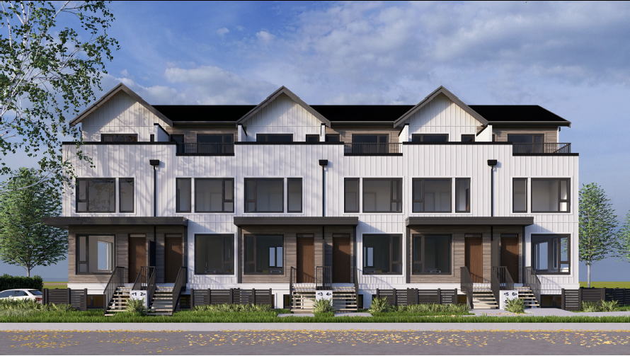 Modern multi-family townhouse with white exterior, black roof, and front steps, situated along a street with trees and parked cars.