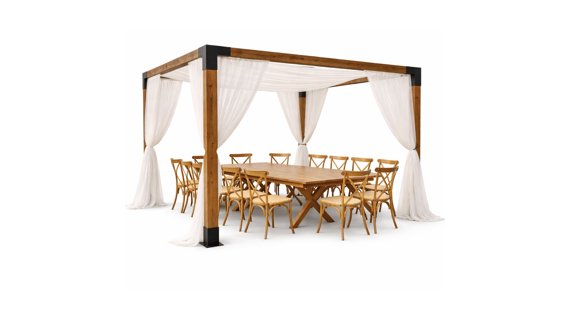 PAQUETE 12 Pax: Pérgola + Mesa nogal + Crossback