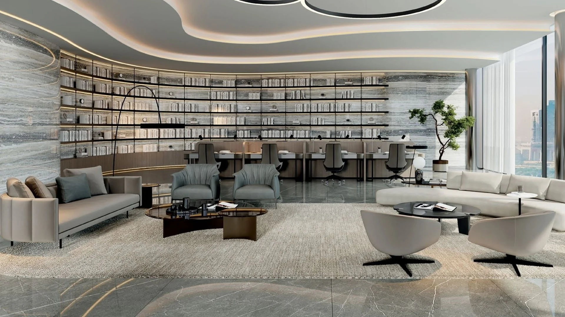 Modern office lounge with bookshelves, sofas, armchairs, coffee tables, a large window, and a city view.