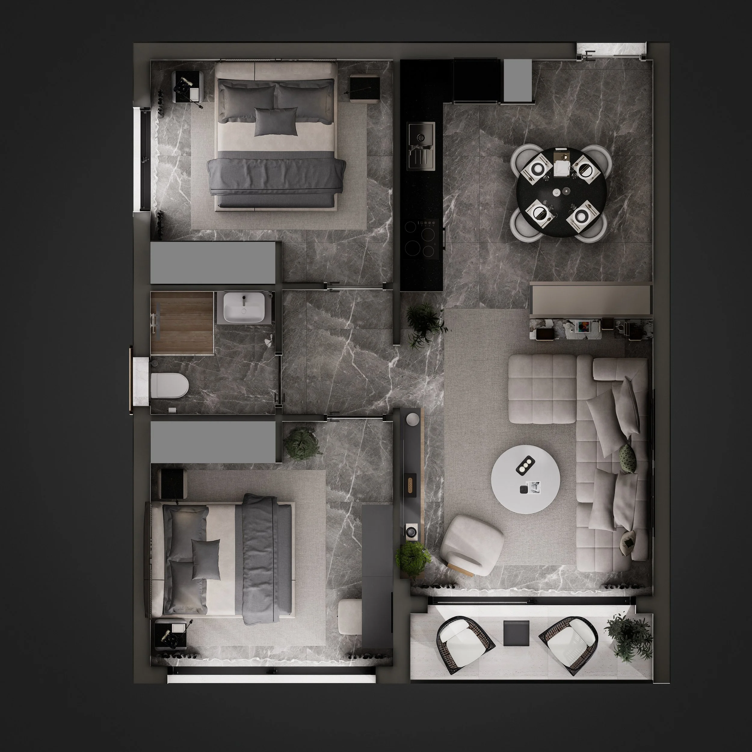 Top-down view of a modern apartment layout featuring two bedrooms, a bathroom, a living room with a sectional sofa, a round dining table with four chairs, and a kitchen with black cabinets and appliances.