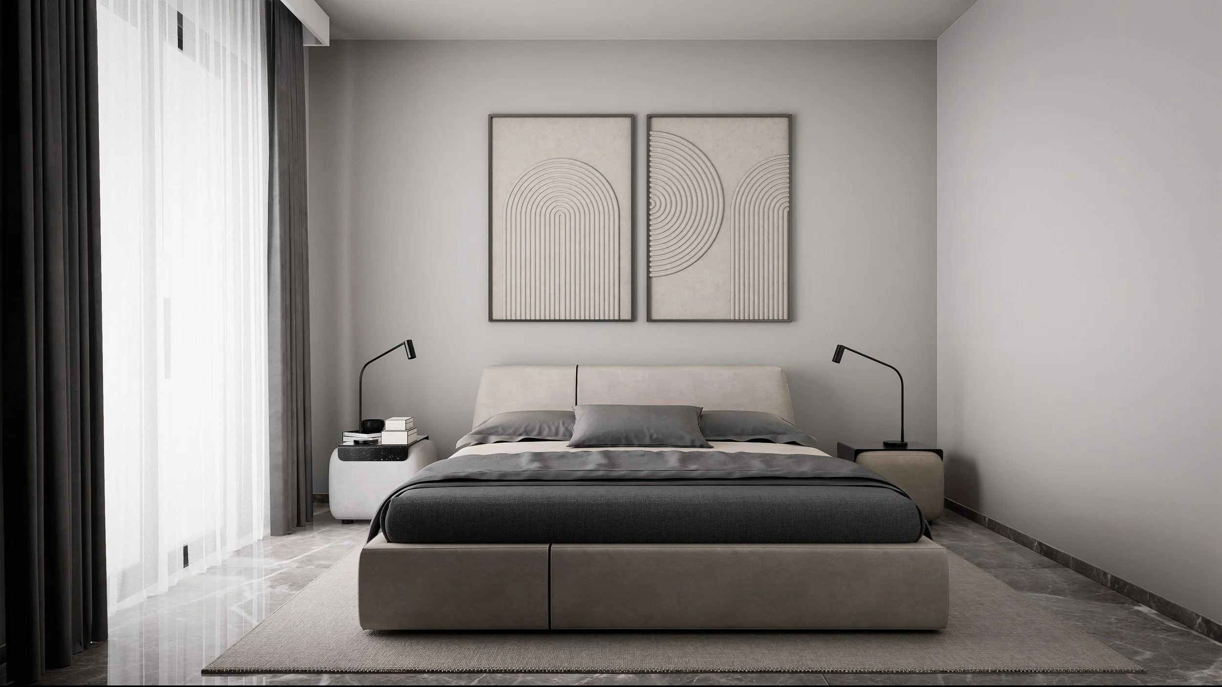 Minimalist bedroom with a beige bed, gray bedding, two nightstands with black lamps, artwork above the bed, and a large window with sheer and blackout curtains.