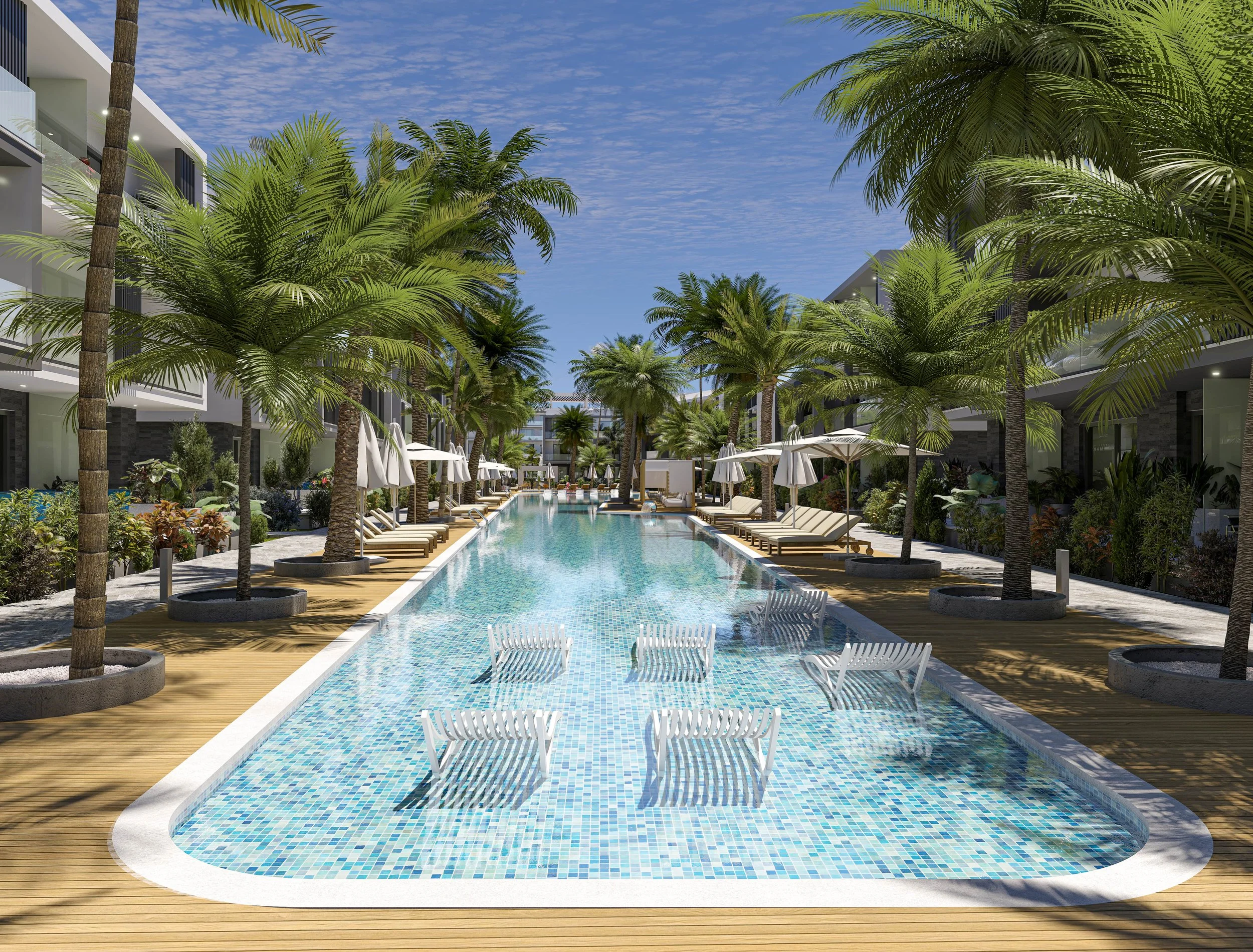 Luxury poolside area with palm trees, lounge chairs, umbrellas, and a swimming pool in a tropical outdoor setting.
