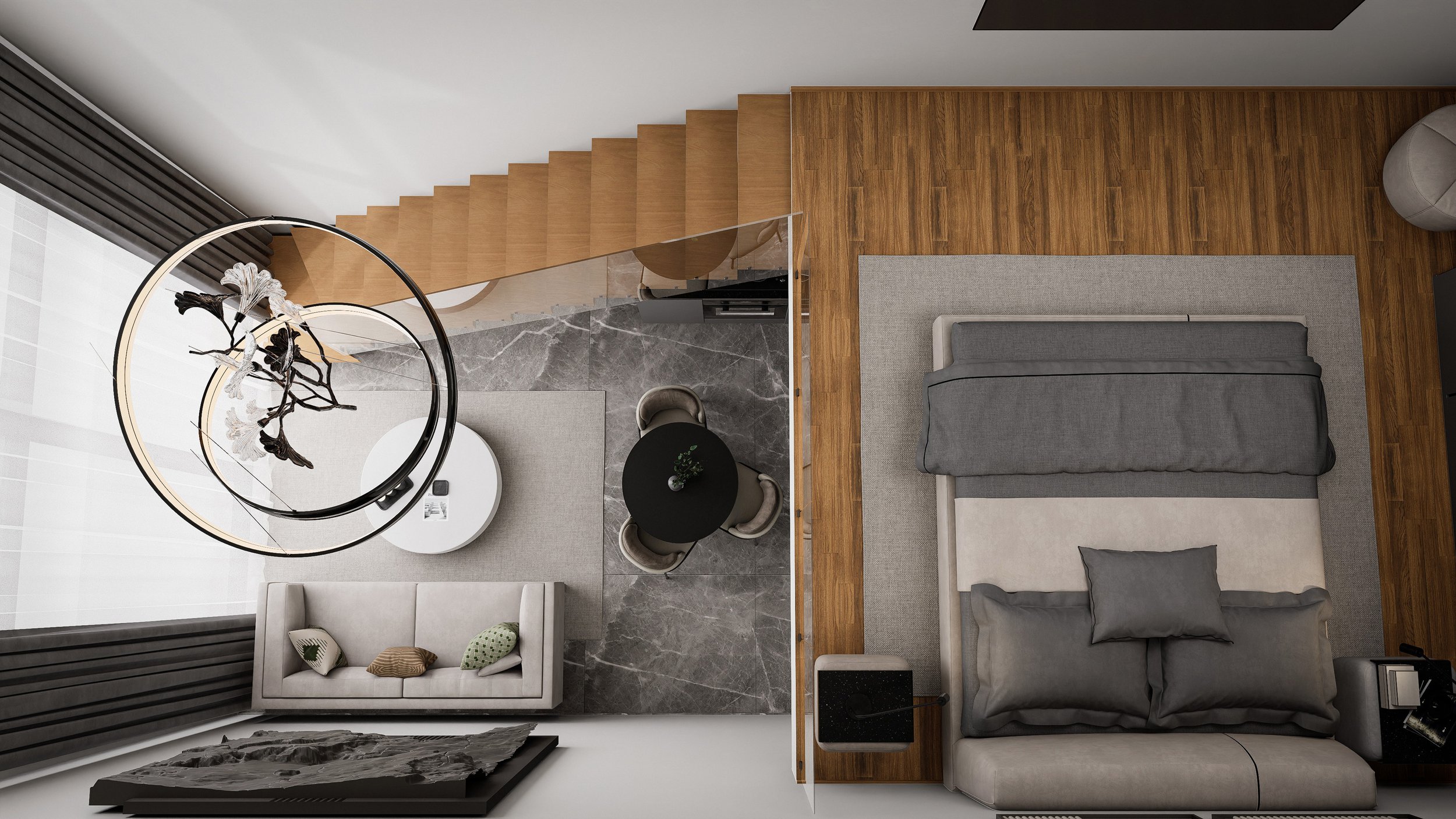 Top-down view of a modern bedroom and living area with wooden stairs, gray and beige furniture, a black round dining table with four chairs, marble flooring, and a decorative chandelier.