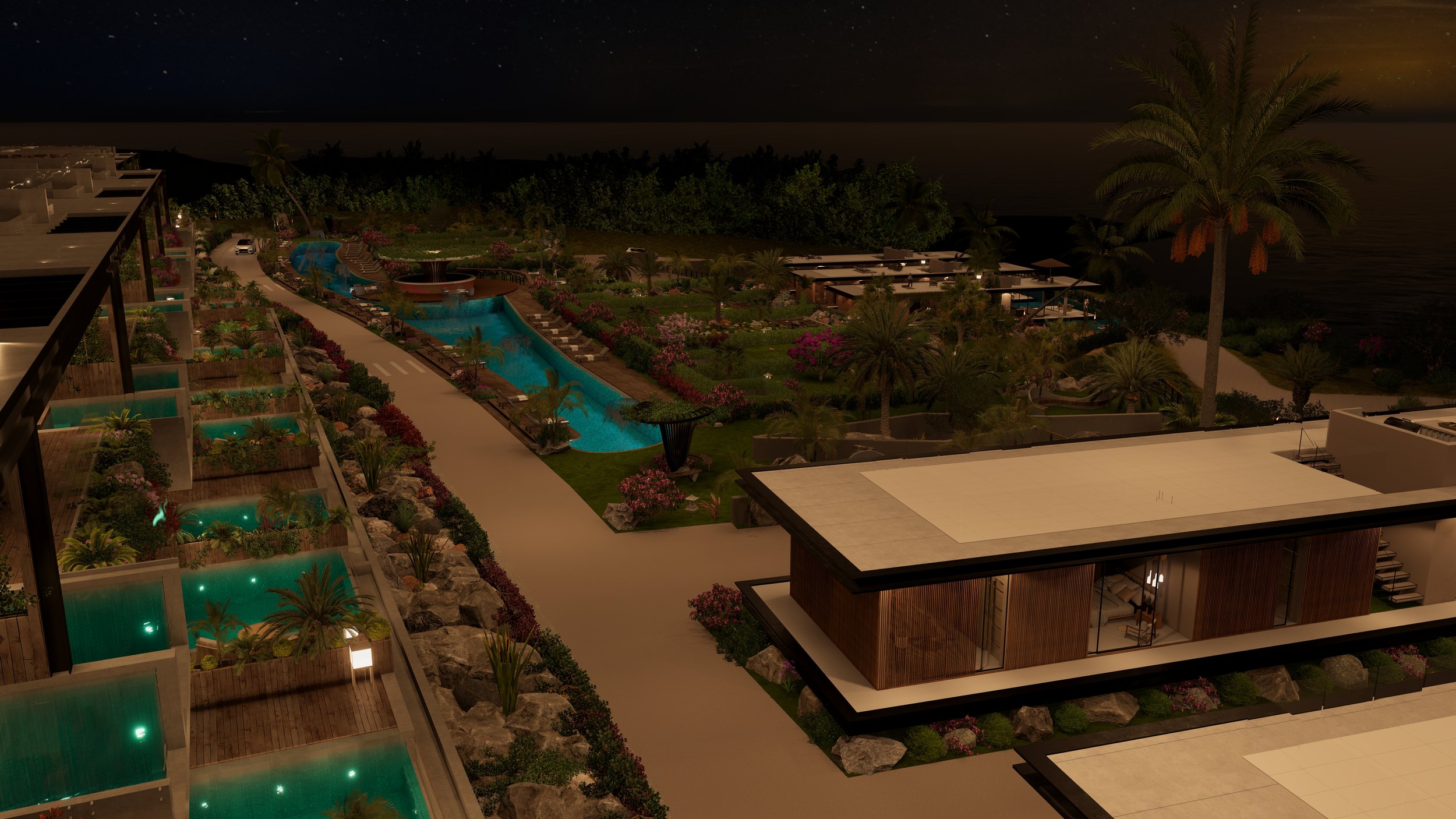 Nighttime view of a luxurious coastal resort with illuminated swimming pools, palm trees, flowering bushes, and modern buildings overlooking the ocean