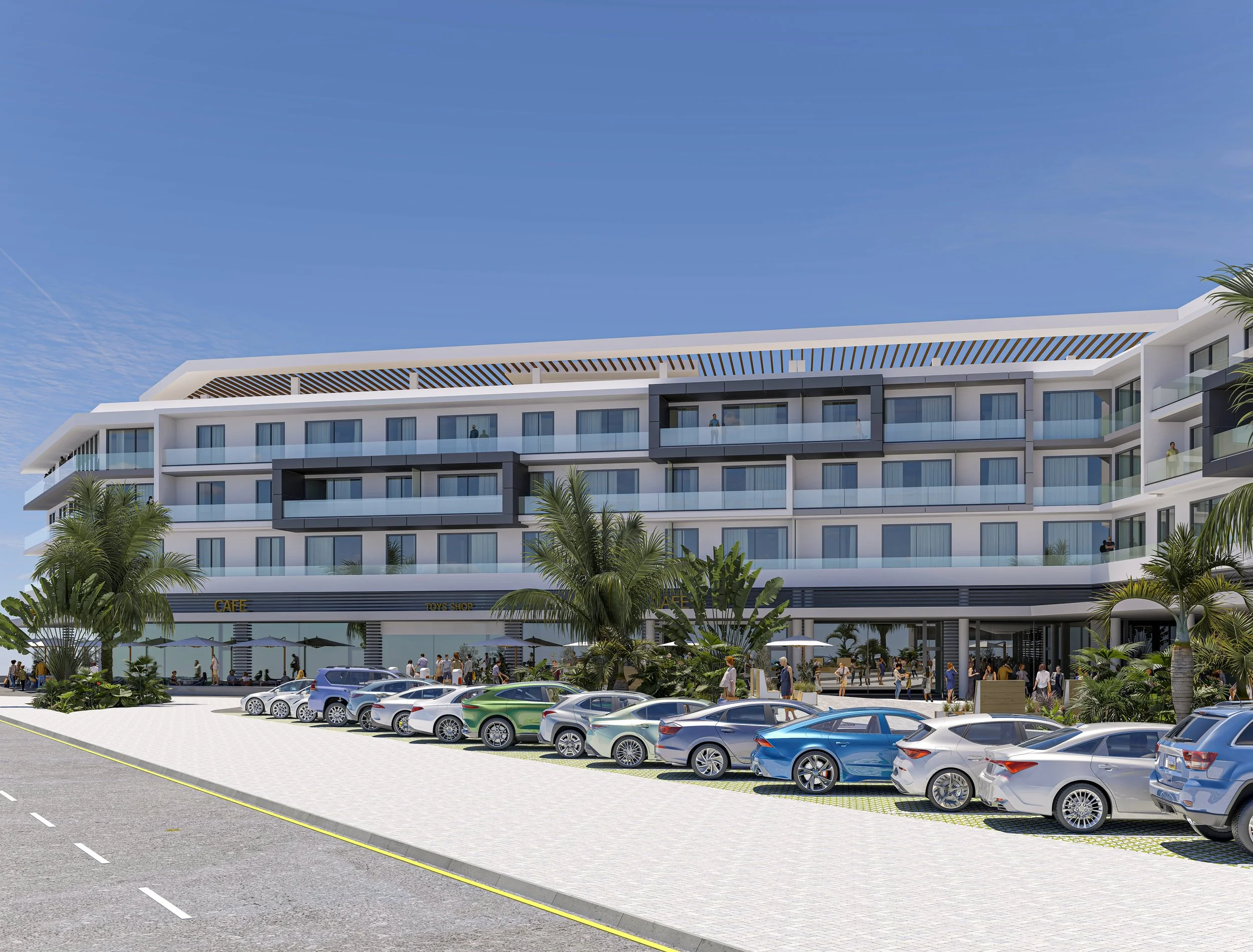 Modern multi-story hotel with balconies, palm trees, parked cars, and people walking on sidewalk, under a blue sky.