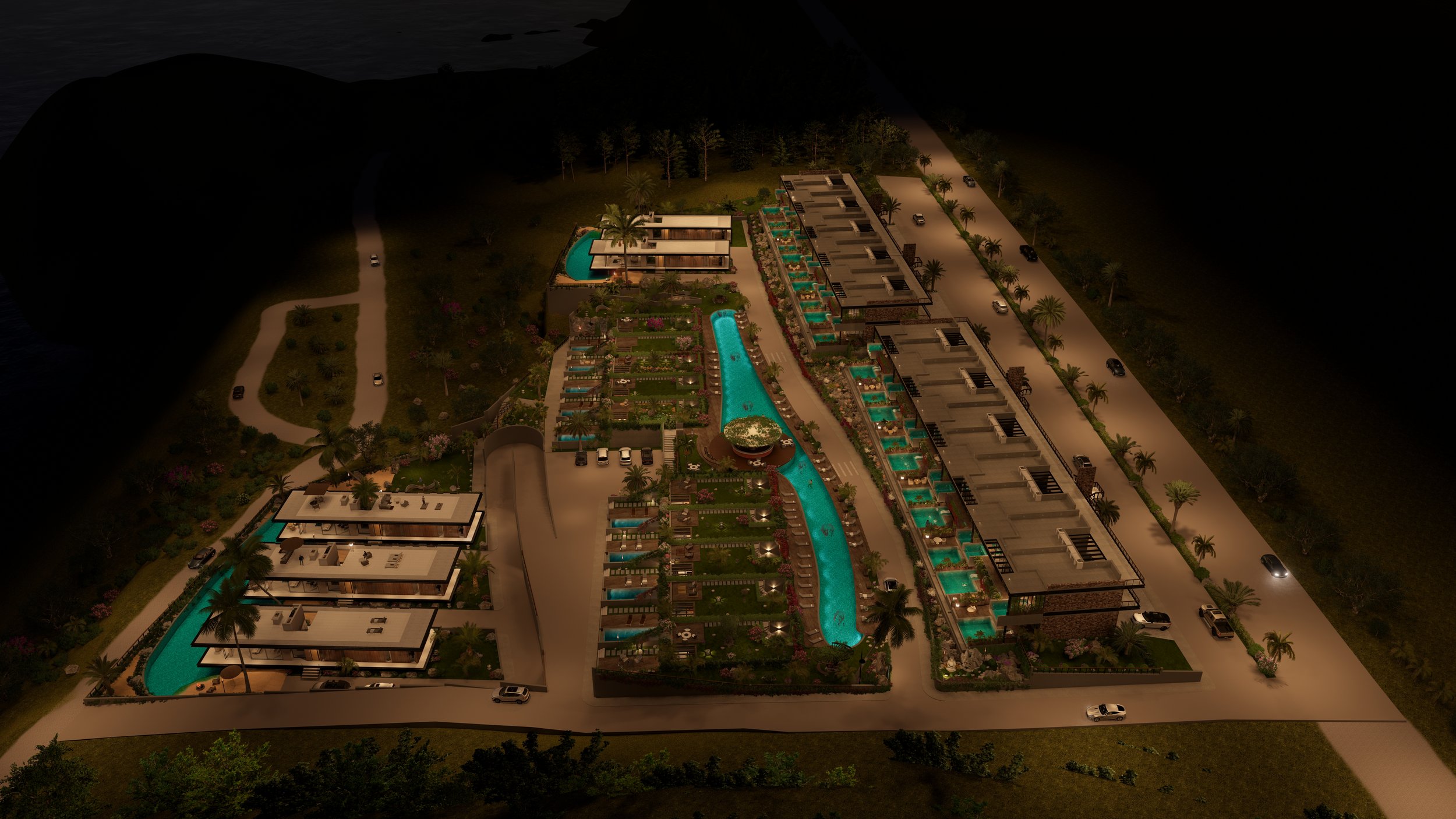 Night view of a resort with multiple buildings, swimming pools, palm trees, and winding pathways, illuminated by outdoor lighting.