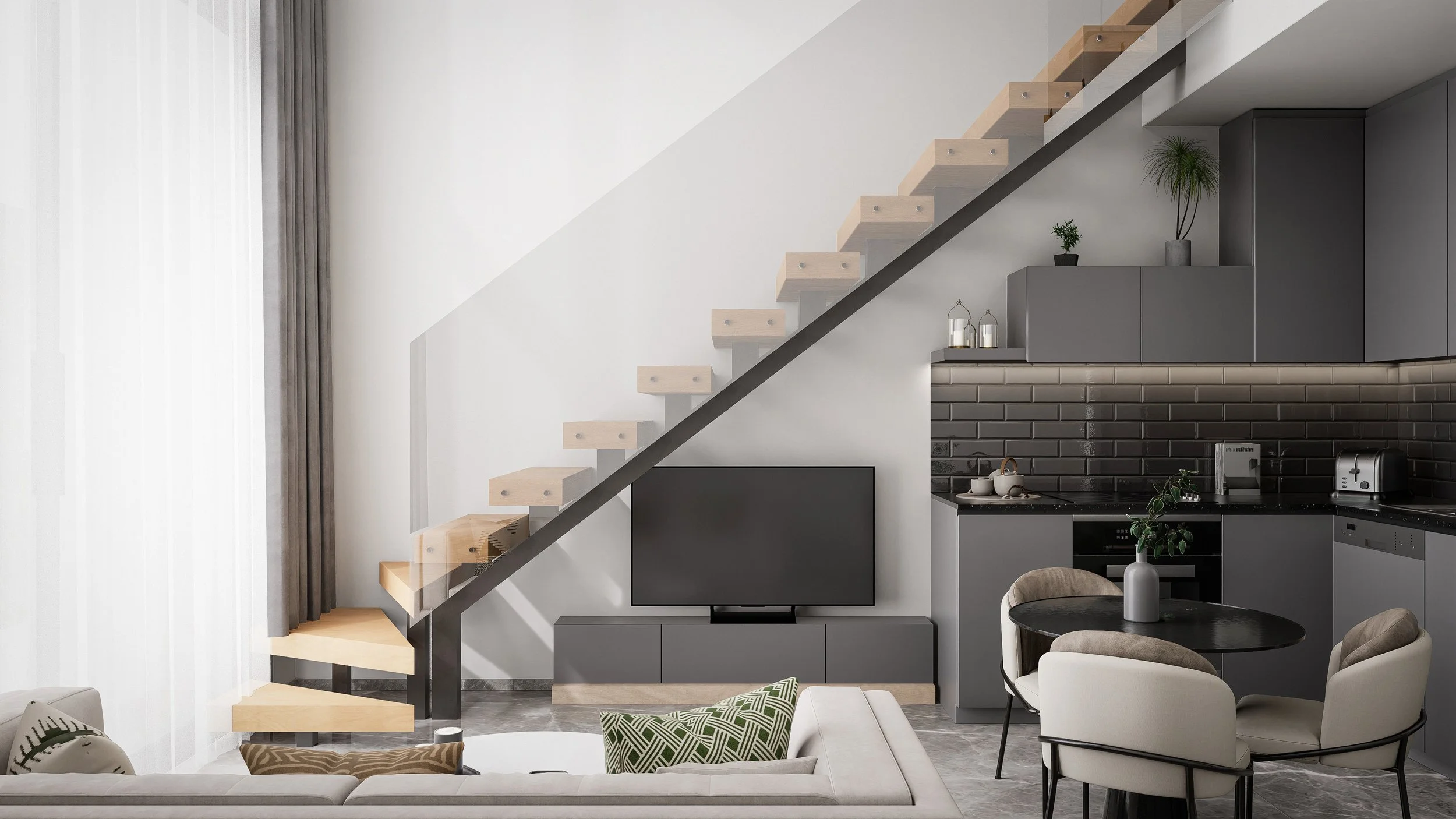 Modern living room with a staircase, a TV, gray cabinets, black tiled backsplash, a dining table with four white upholstered chairs, and decorative plants.