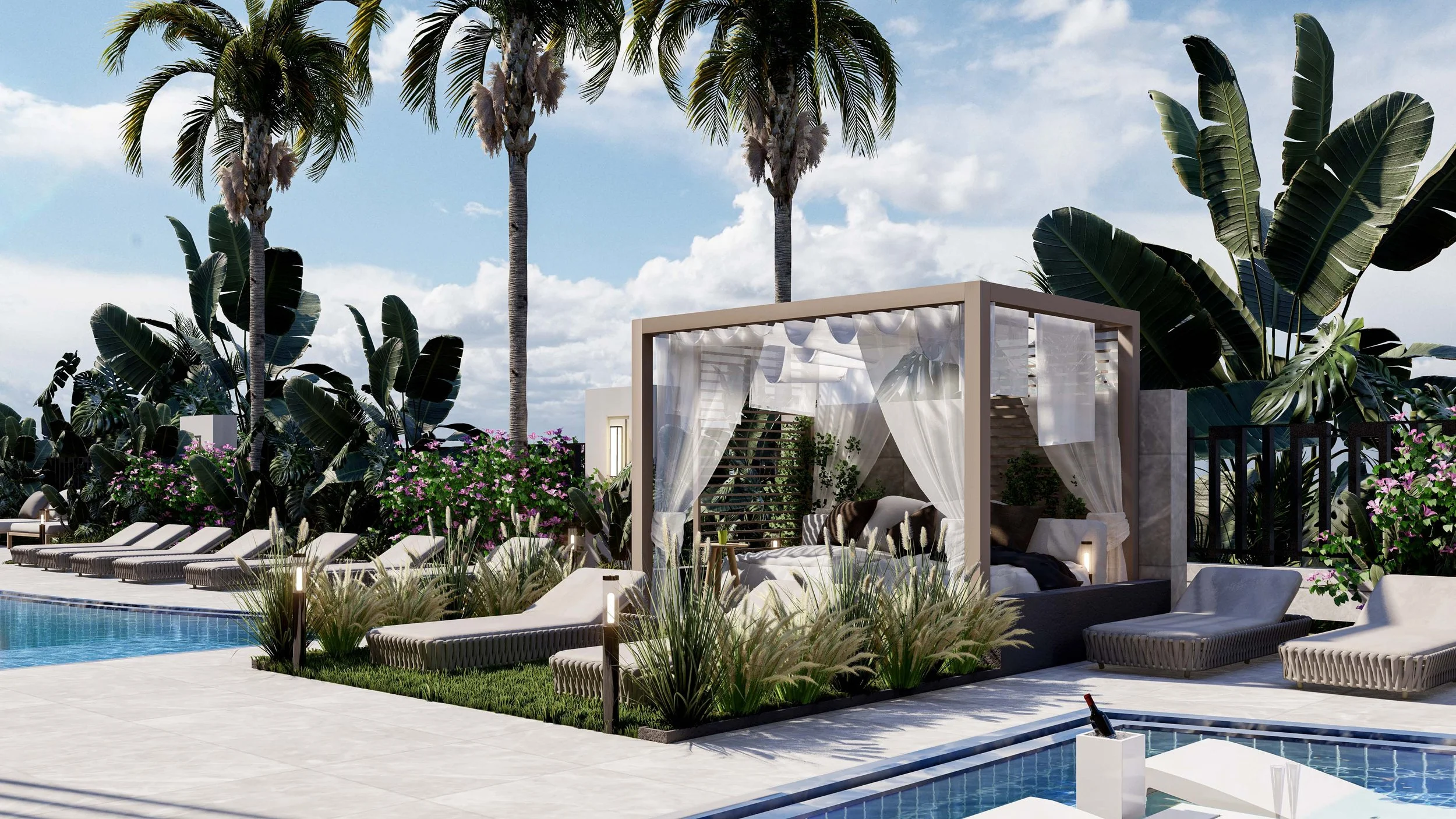 Luxury poolside lounge area with sunbeds, a shaded cabana with white curtains, tropical plants, palm trees, and a cloudy sky