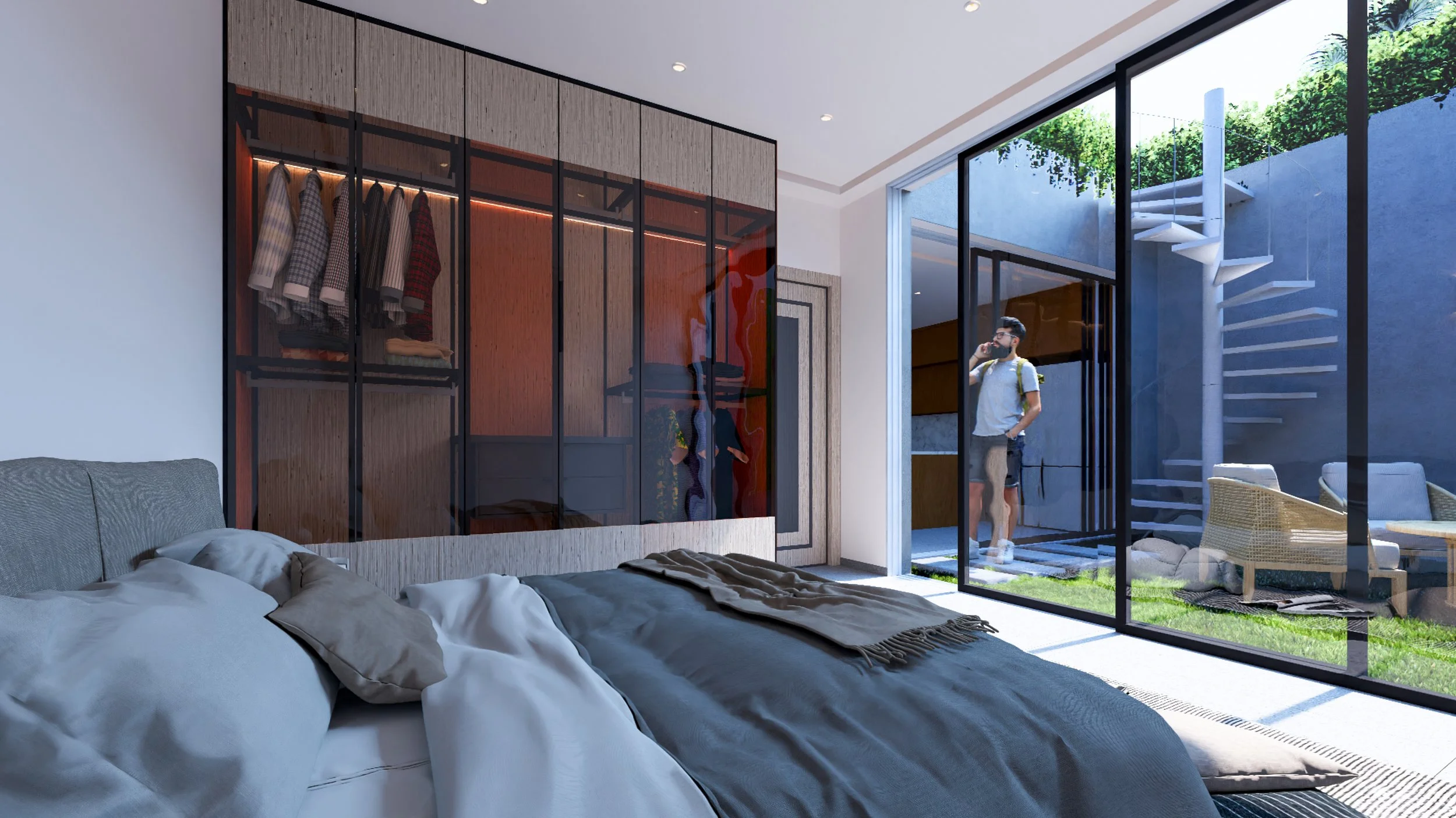 Modern bedroom with bed, closet with clothes, and glass sliding doors leading to outdoor patio with seating and spiral staircase.