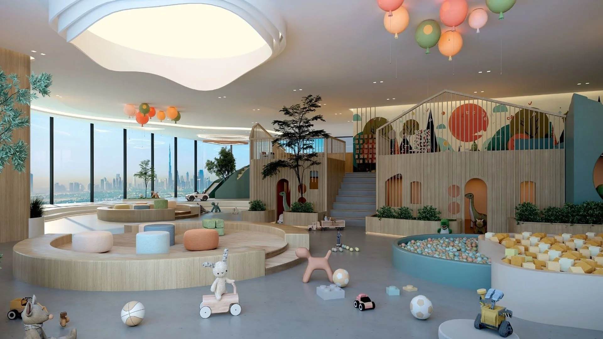 Colorful indoor children's play area with a ball pit, soft seating, toy cars, stuffed animals, and a climbing structure with stairs and walls, overlooking a city skyline through large windows.