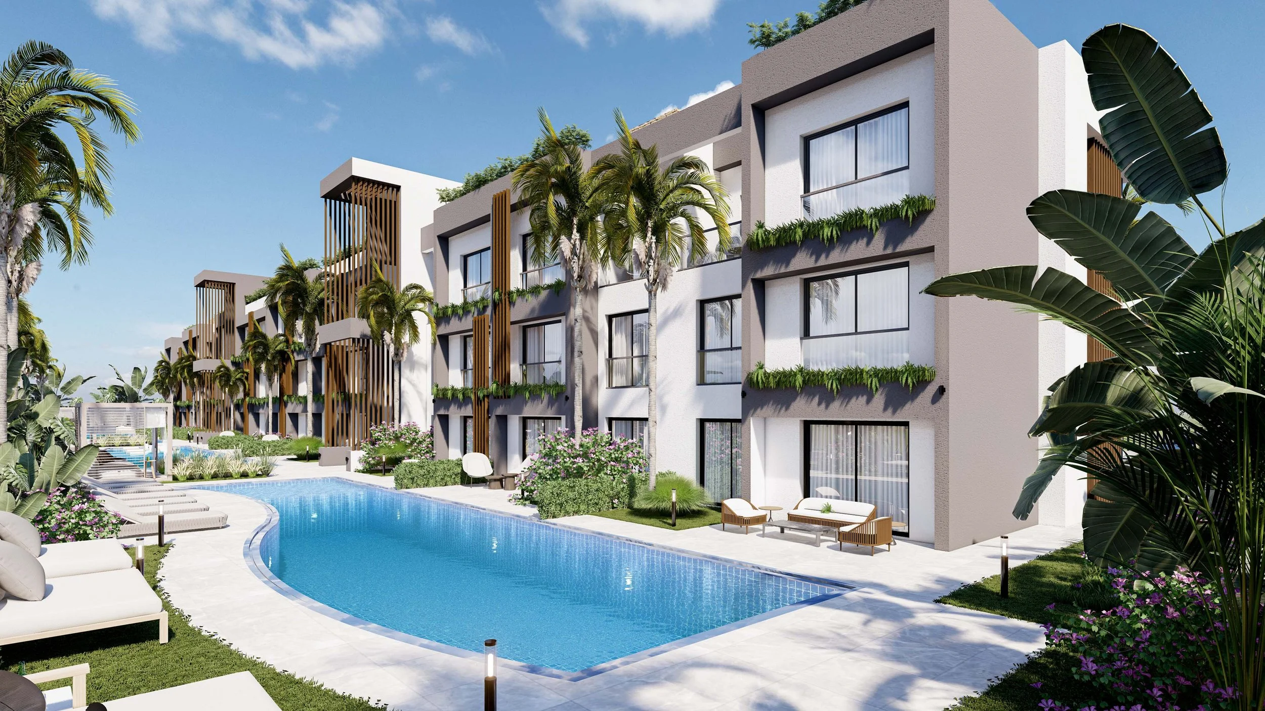 Modern apartment complex with swimming pool, palm trees, and patio furniture.