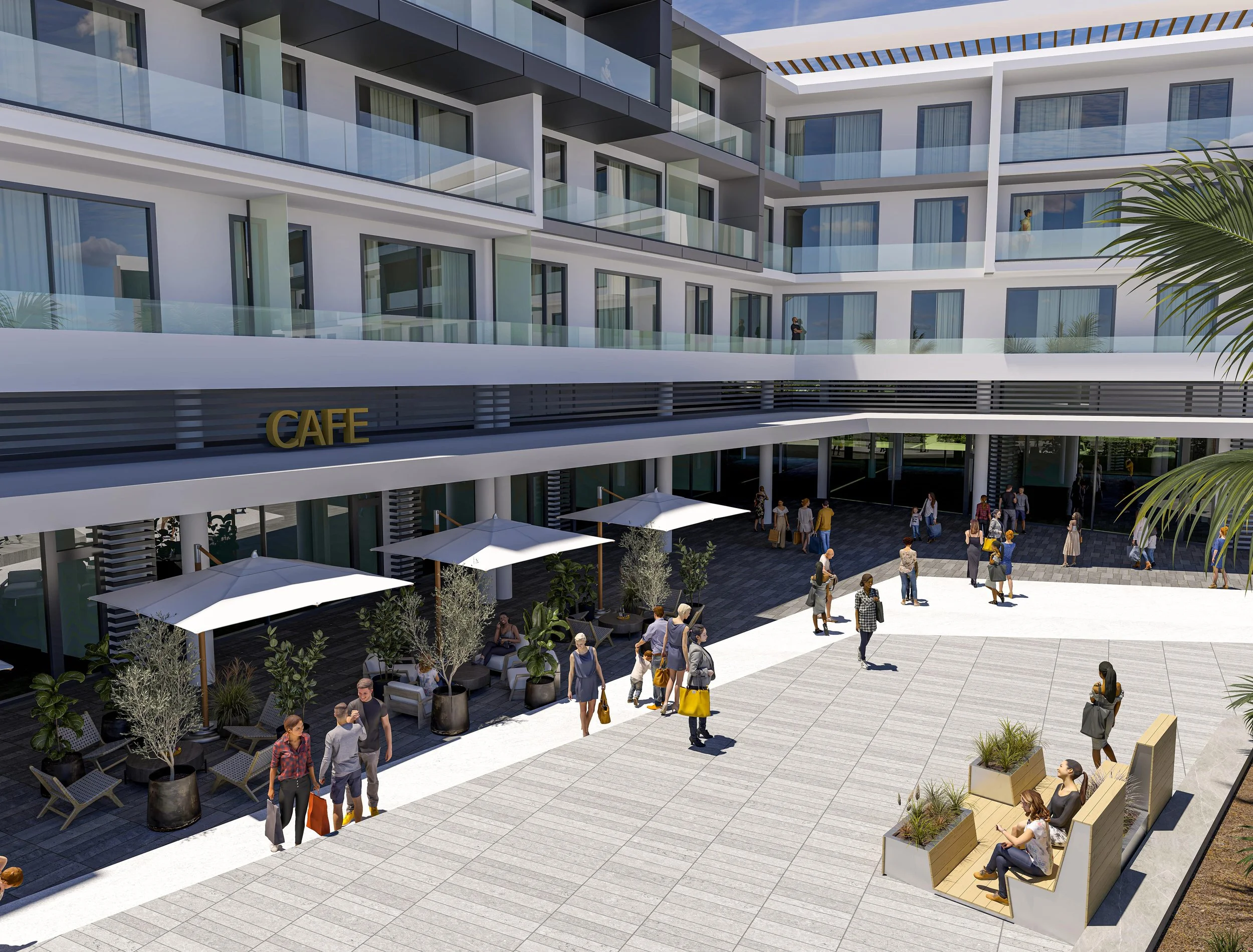 Modern hotel courtyard with outdoor cafe, people walking, sitting on benches, and trees in planters.
