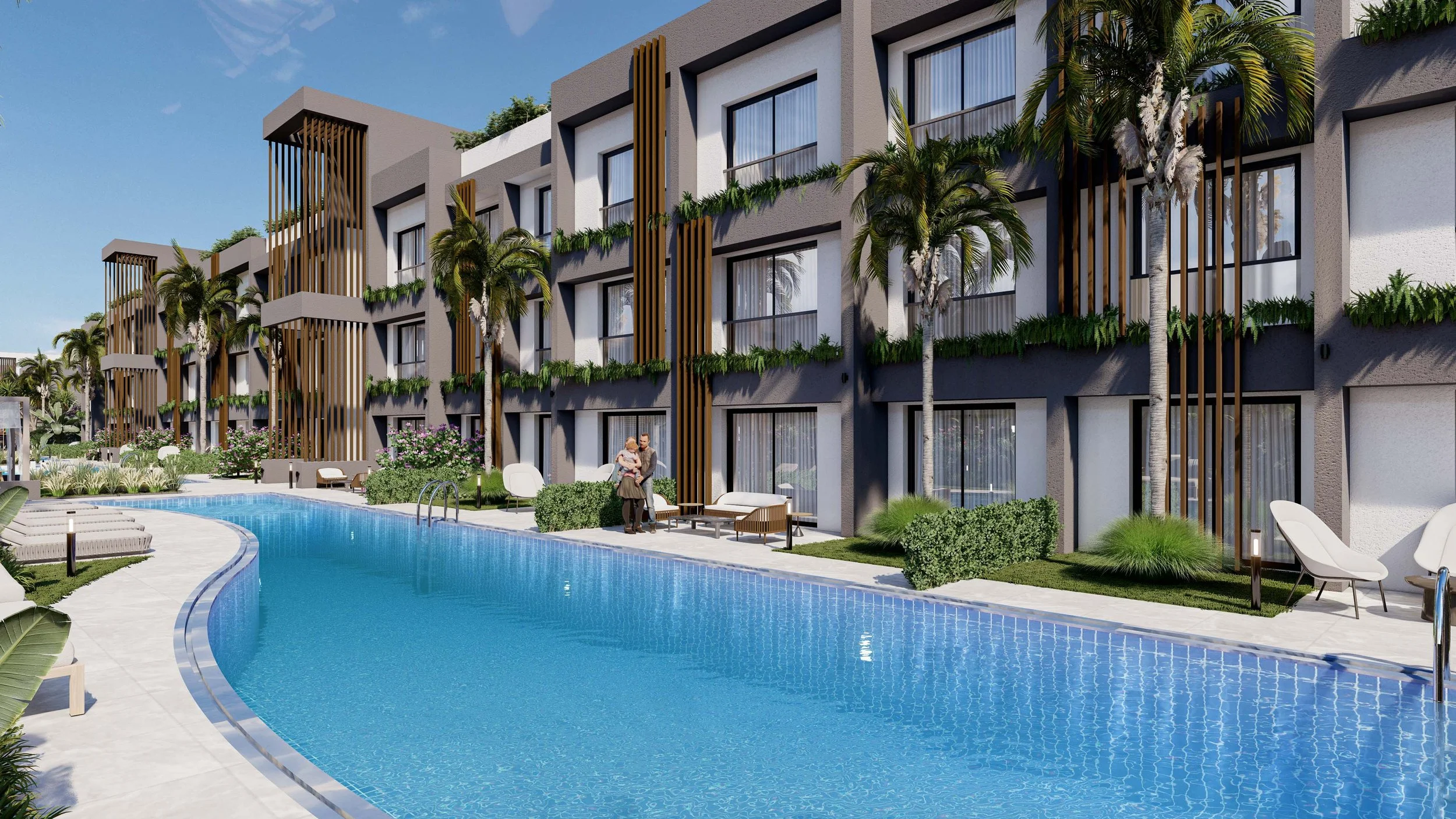 Modern residential building with a swimming pool, palm trees, and outdoor seating.