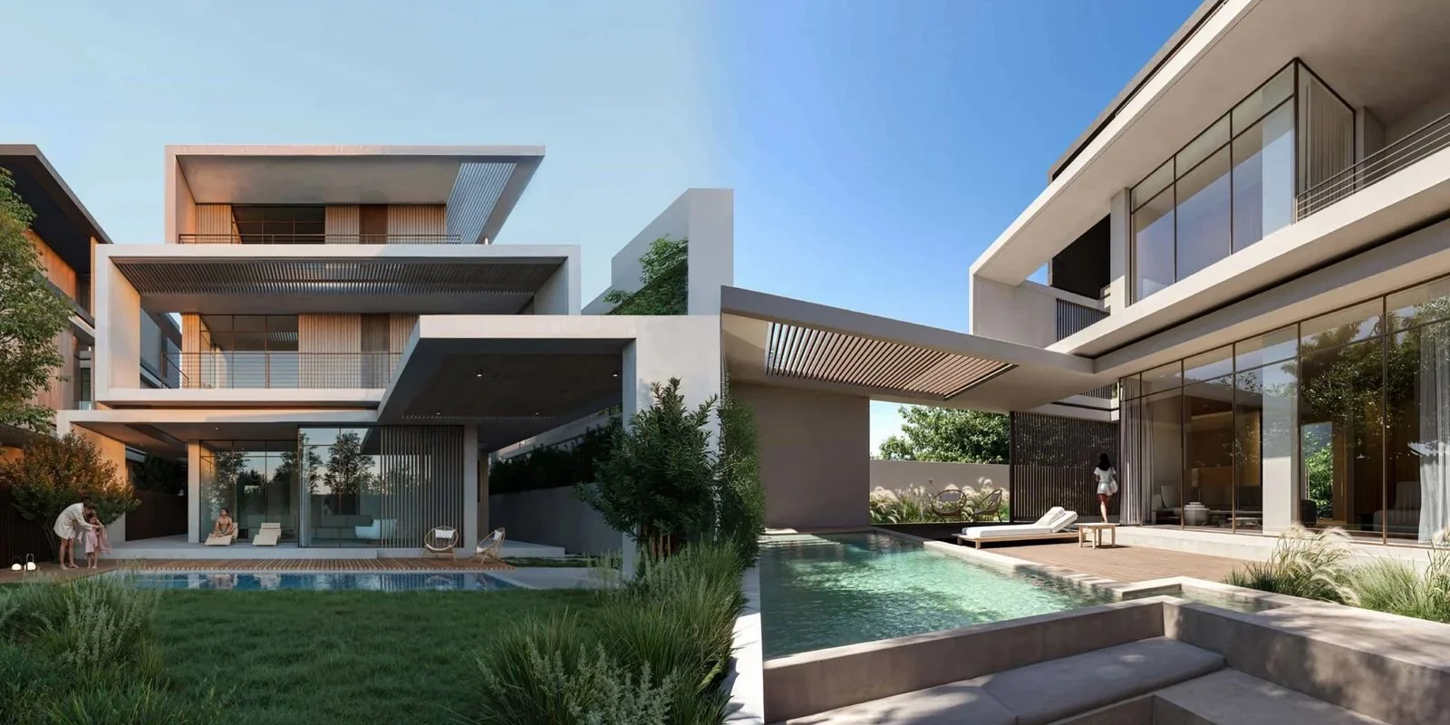 Modern multi-story house with large glass windows, outdoor pool, and landscaped yard during daytime.