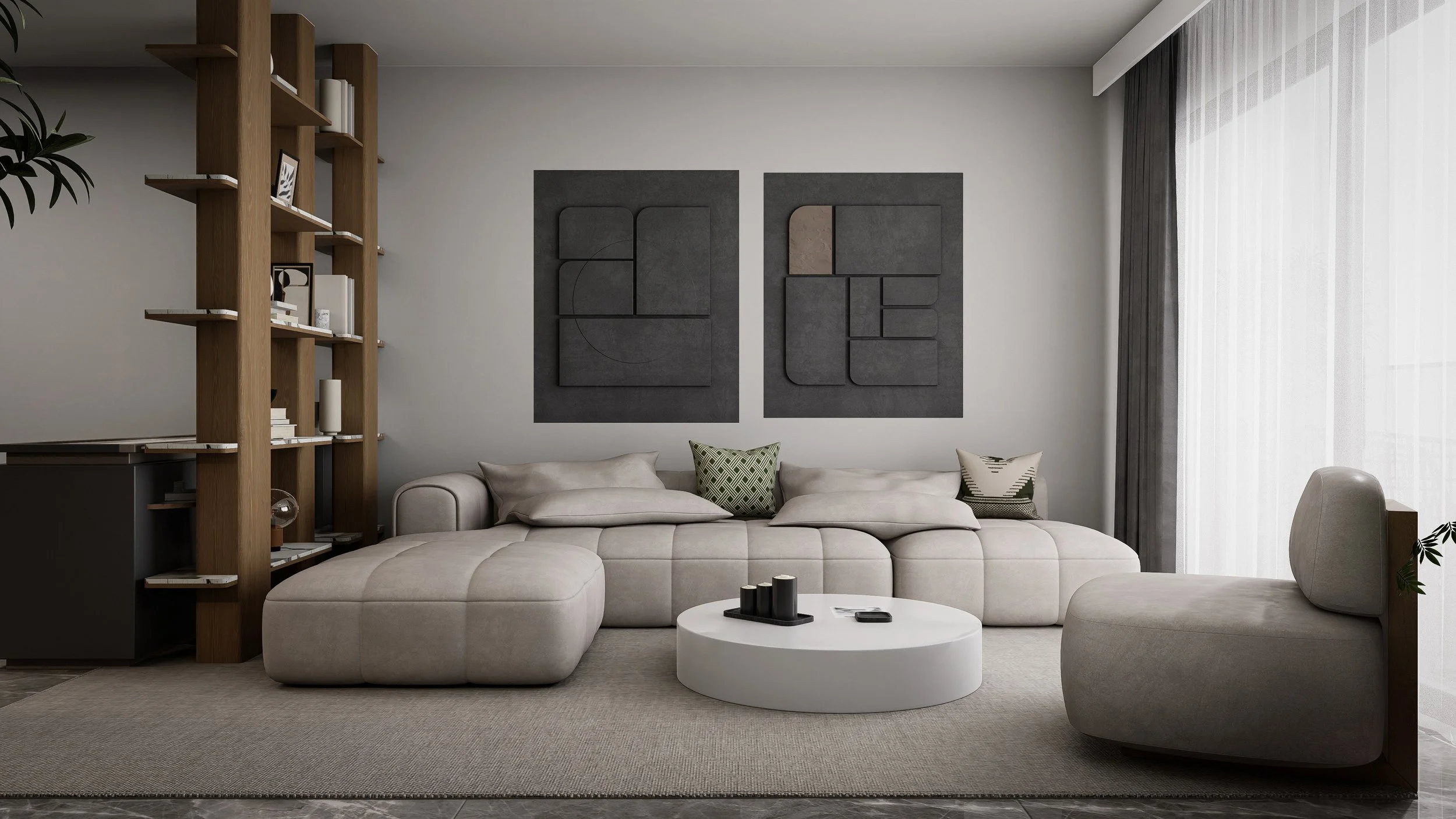 Modern living room with beige sectional sofa, patterned pillows, white round coffee table, abstract wall art, bookshelf, and sheer curtains.