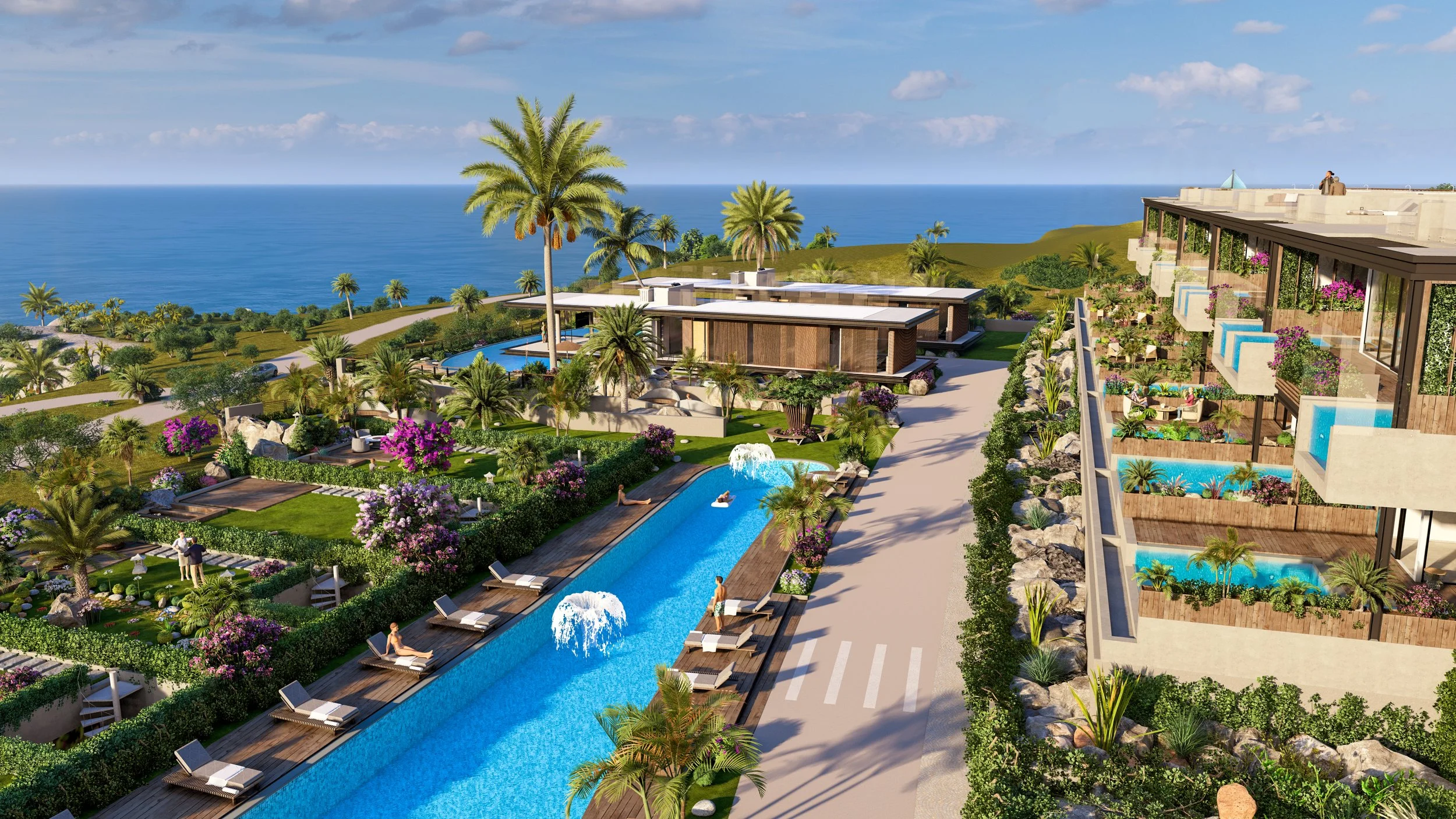 Luxury seaside resort with infinity pool, palm trees, modern buildings, lush landscaping, and ocean view.