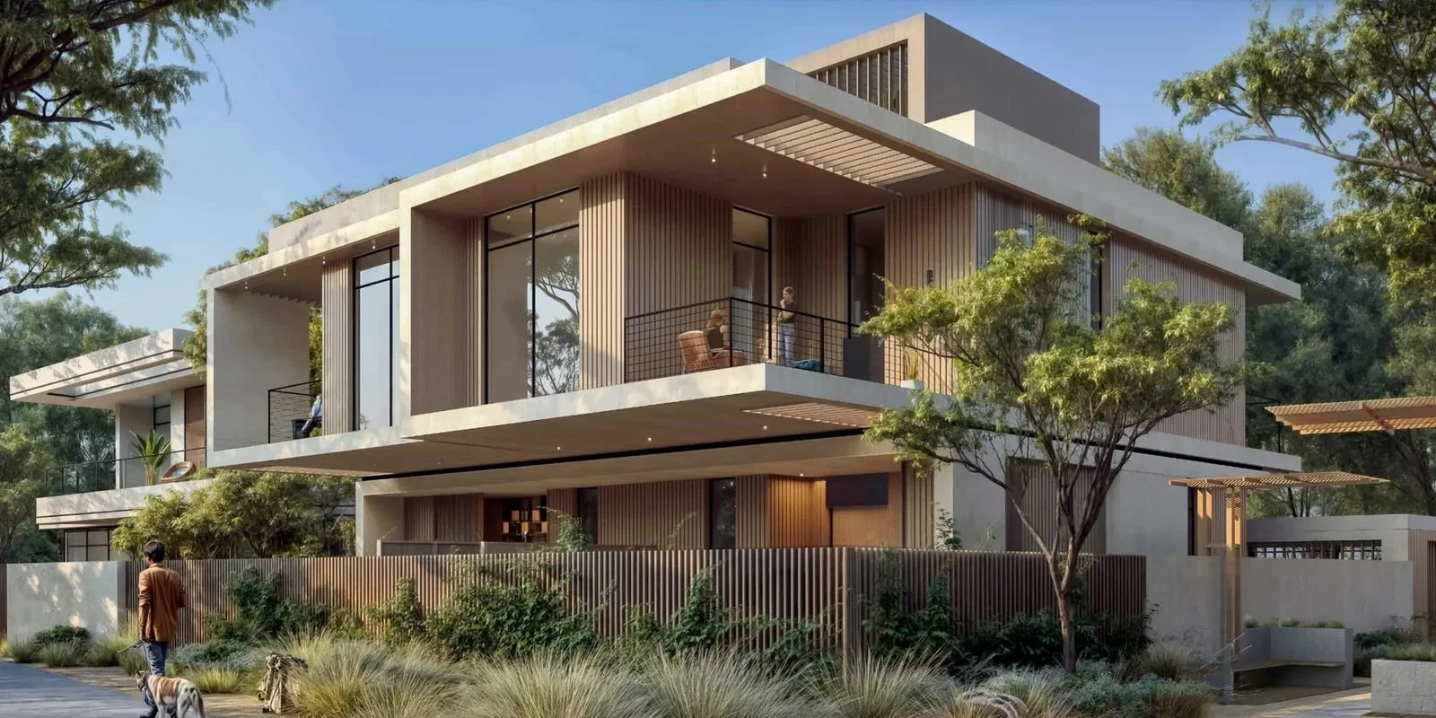 Modern multi-story house with large glass windows, surrounded by trees and greenery, featuring outdoor balconies and a minimalistic design.