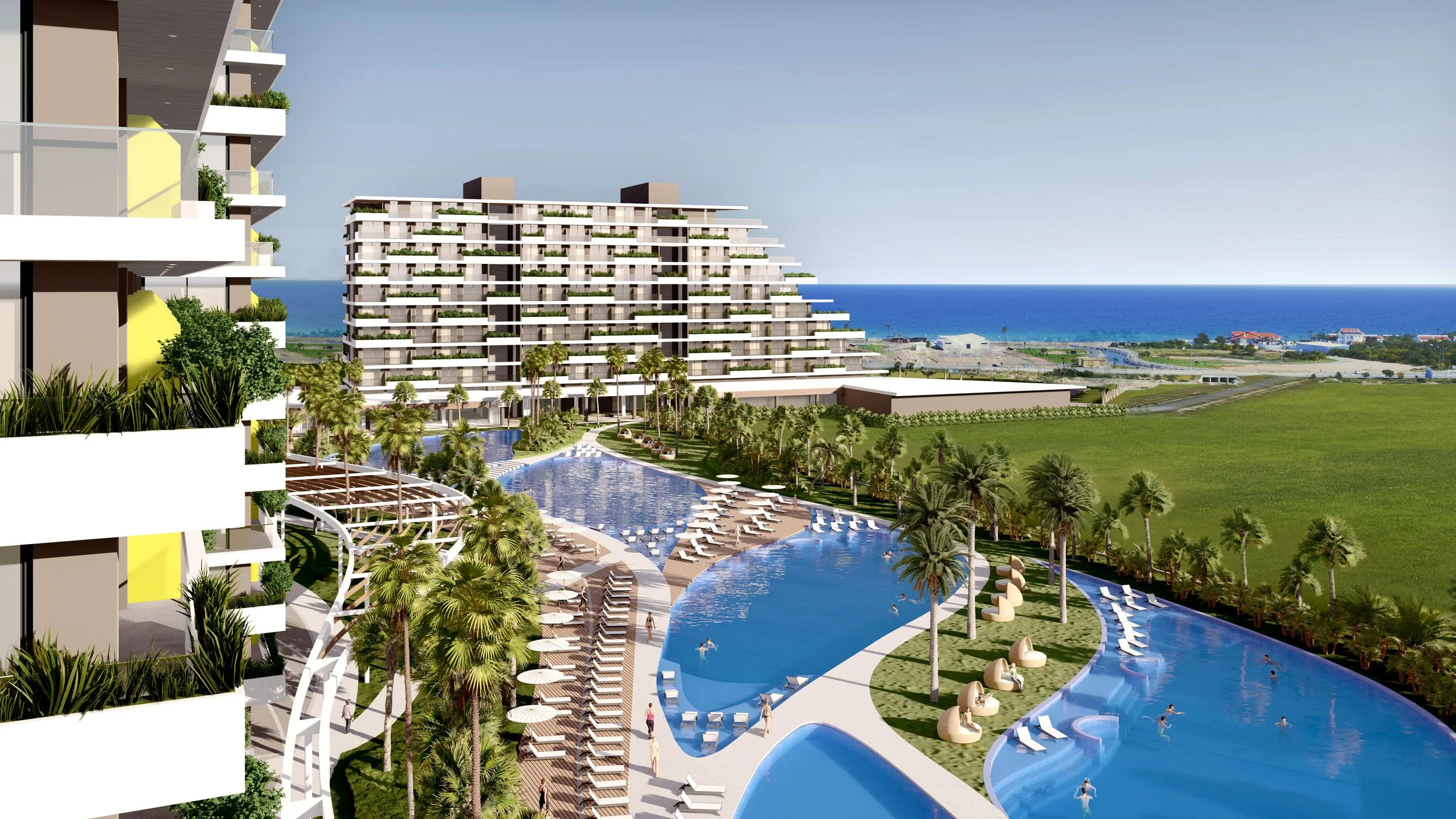 Rendering of a modern beachfront residential complex with a large swimming pool, palm trees, and outdoor lounge areas, overlooking the ocean.