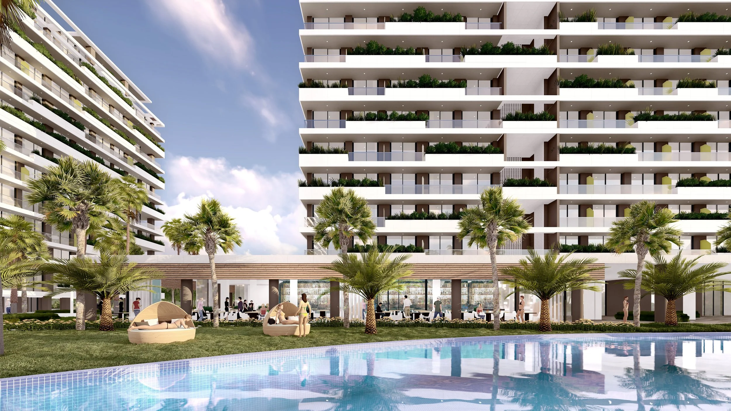 Modern high-rise residential building with balconies, surrounded by palm trees, outdoor lounge area with seating, and a swimming pool in the foreground under a partly cloudy sky.