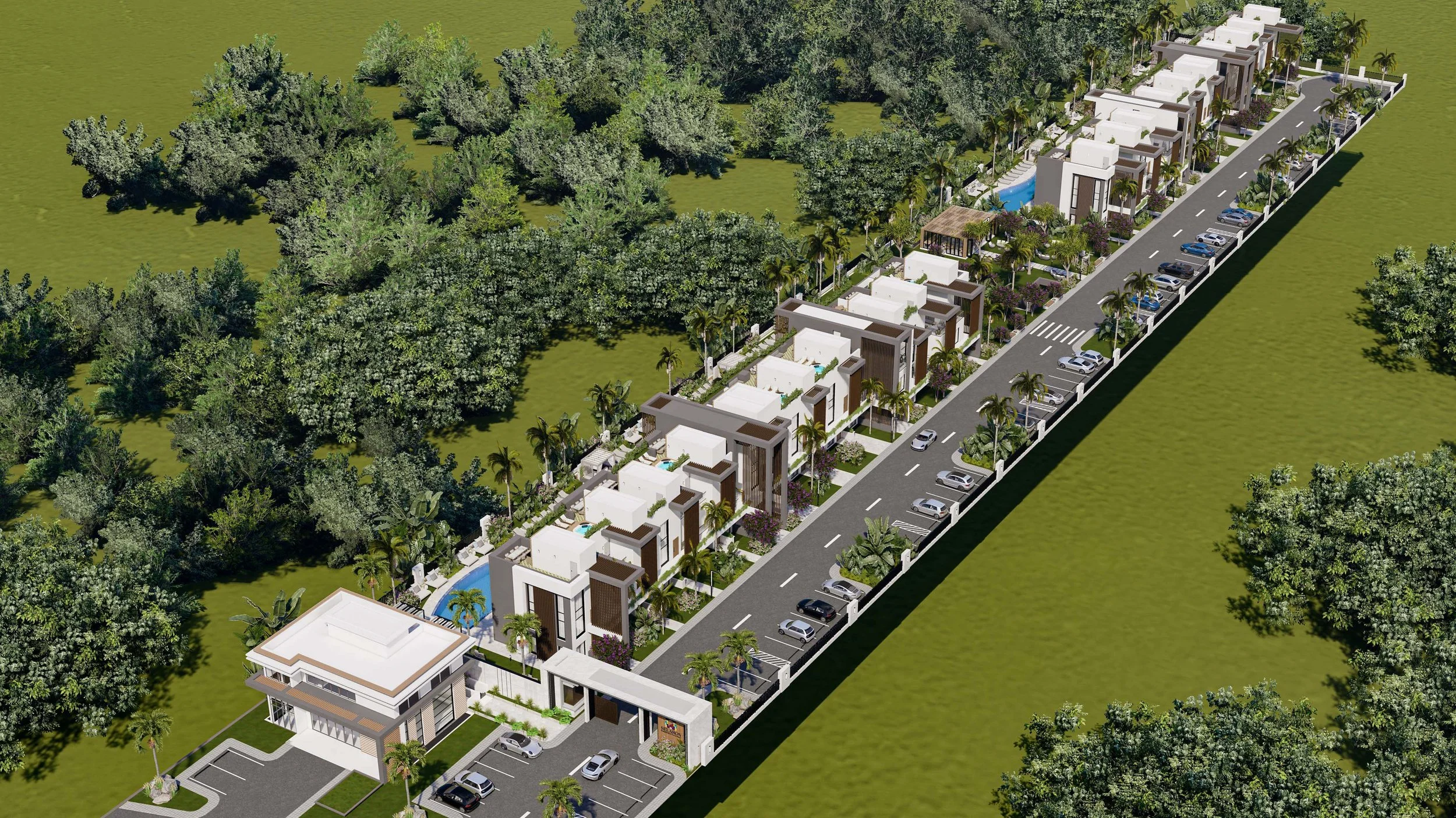 Aerial view of modern row of townhouses with lush greenery, trees, parking spaces, and private pools, bordered by a road with parked cars.