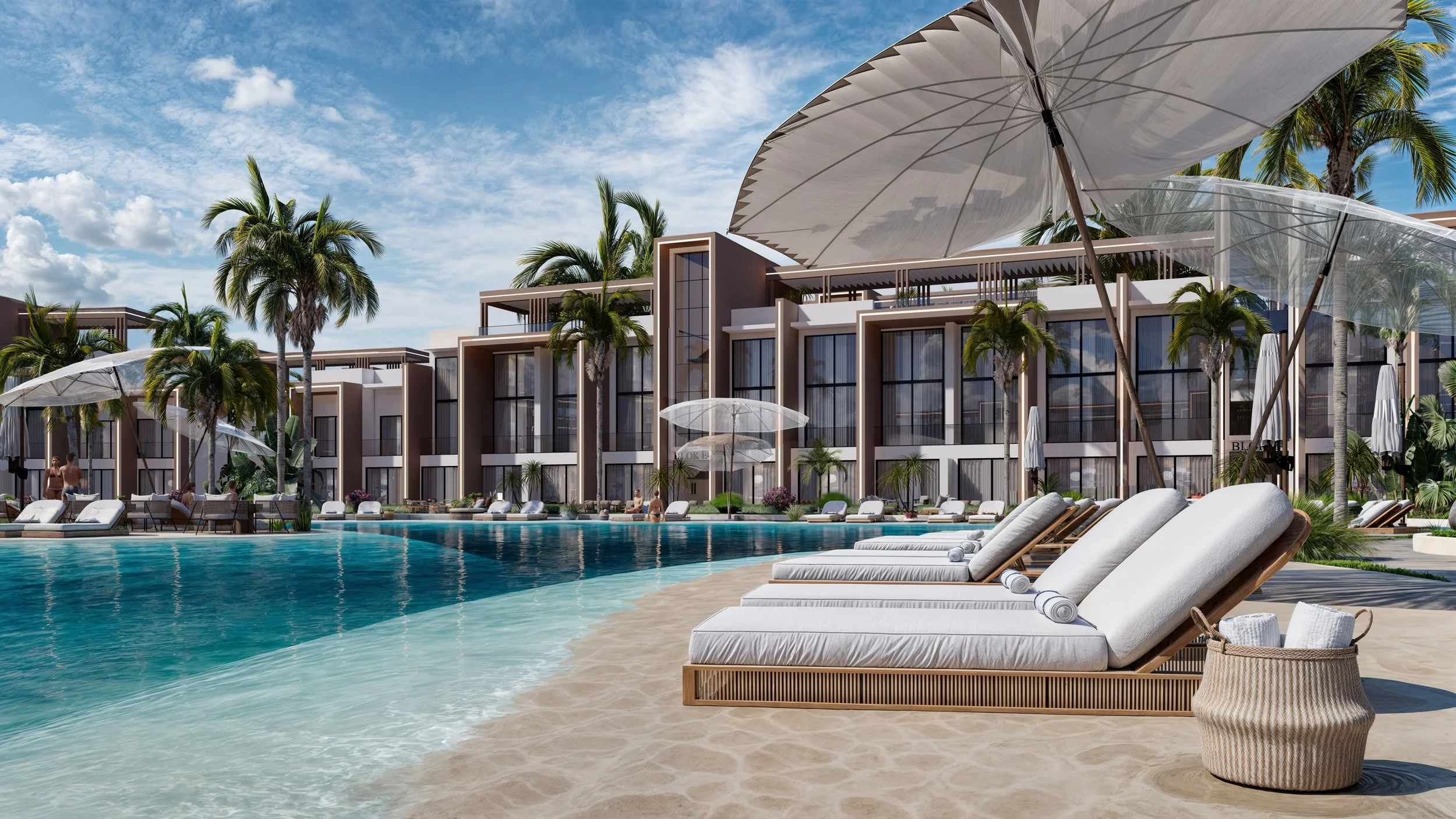 Luxury resort swimming pool with white lounge chairs, large parasols, palm trees, and modern hotel buildings under a partly cloudy sky.