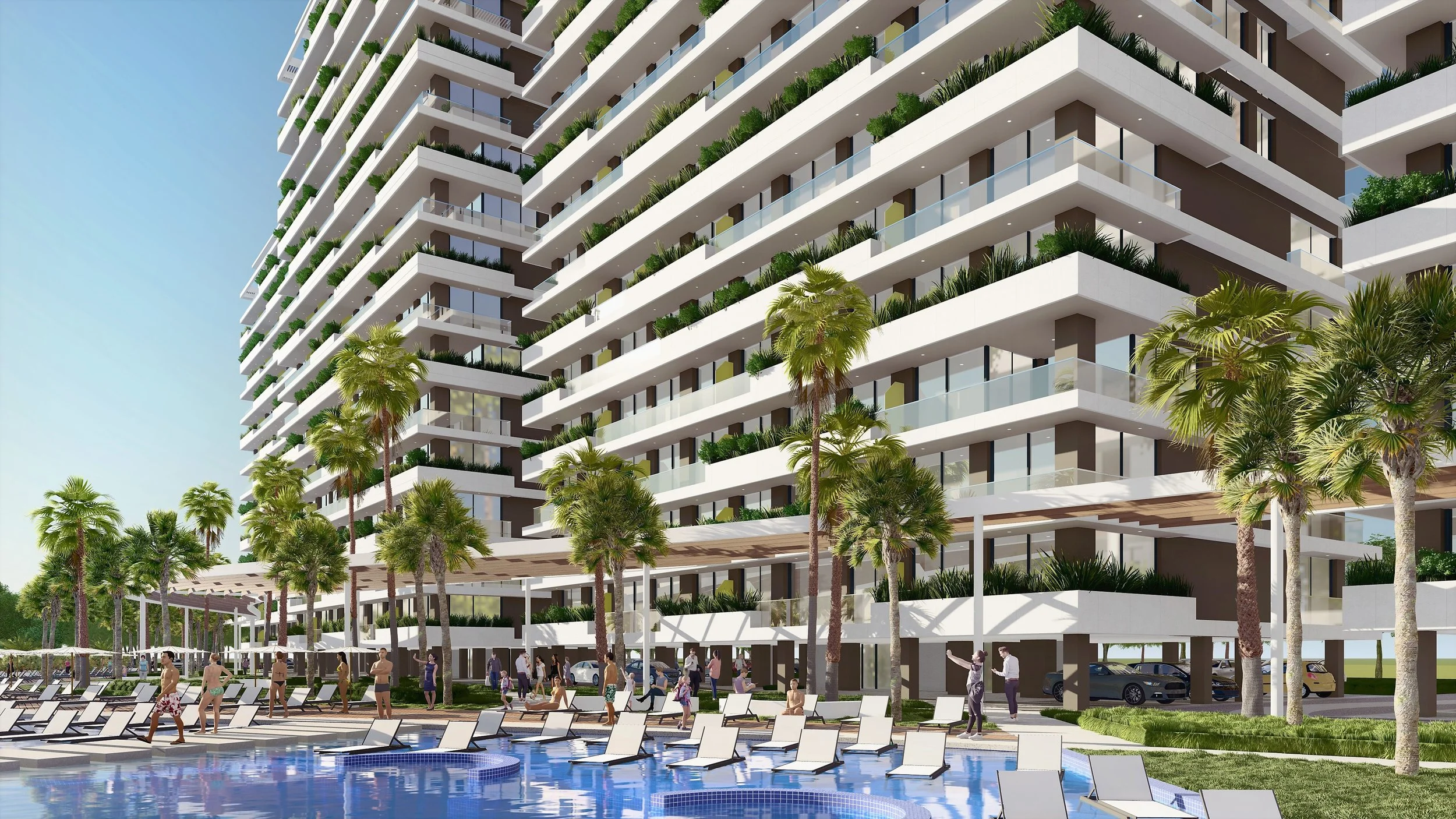 Modern high-rise apartment building with balconies, surrounded by palm trees, with a swimming pool area and people relaxing and taking photos in the foreground.