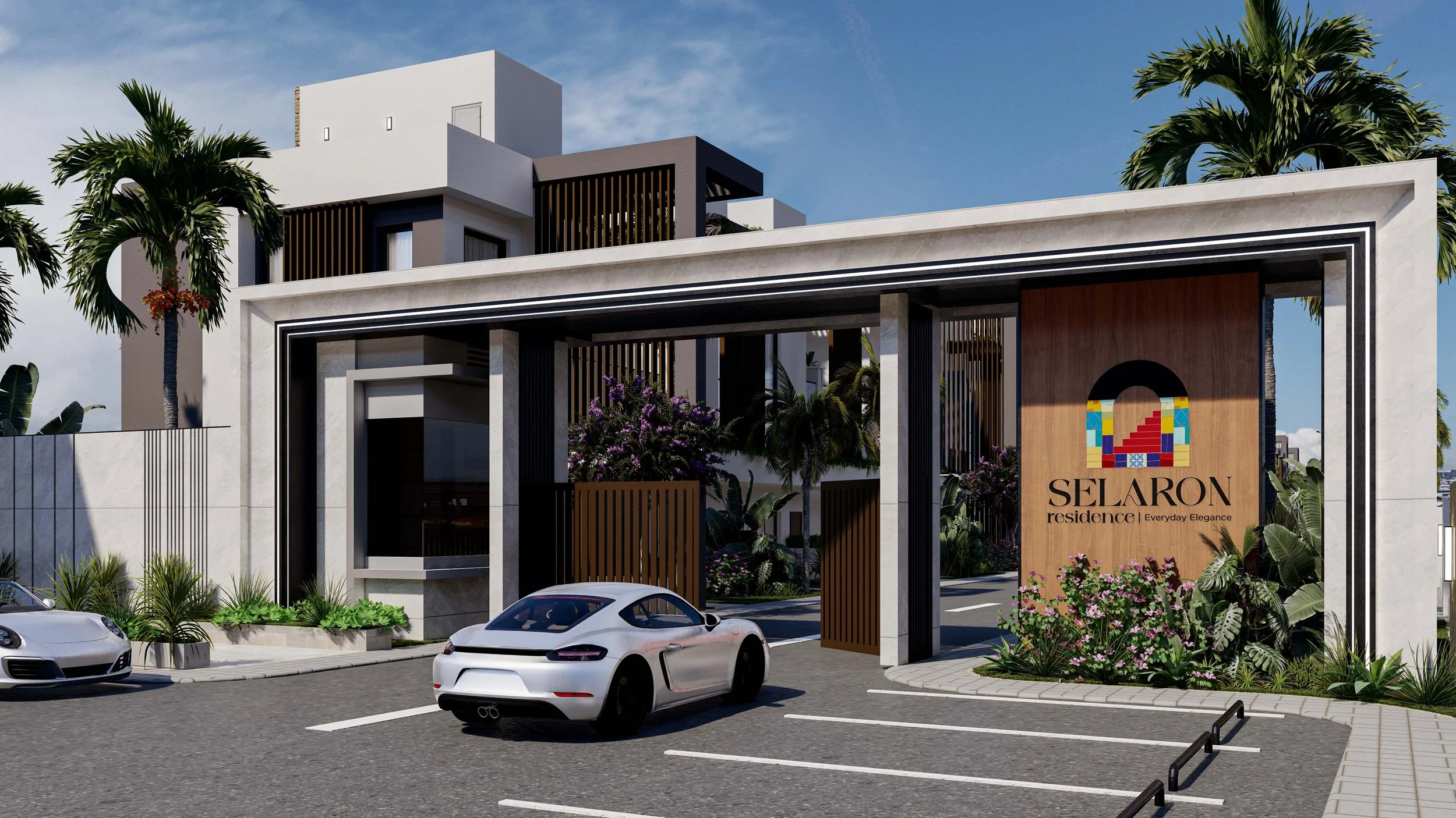 Entrance of Selaron residence with modern design, palm trees, parked luxury cars, and a colorful sign with stairs and the words 'Selaron Residence' and 'Everyday Elegance'