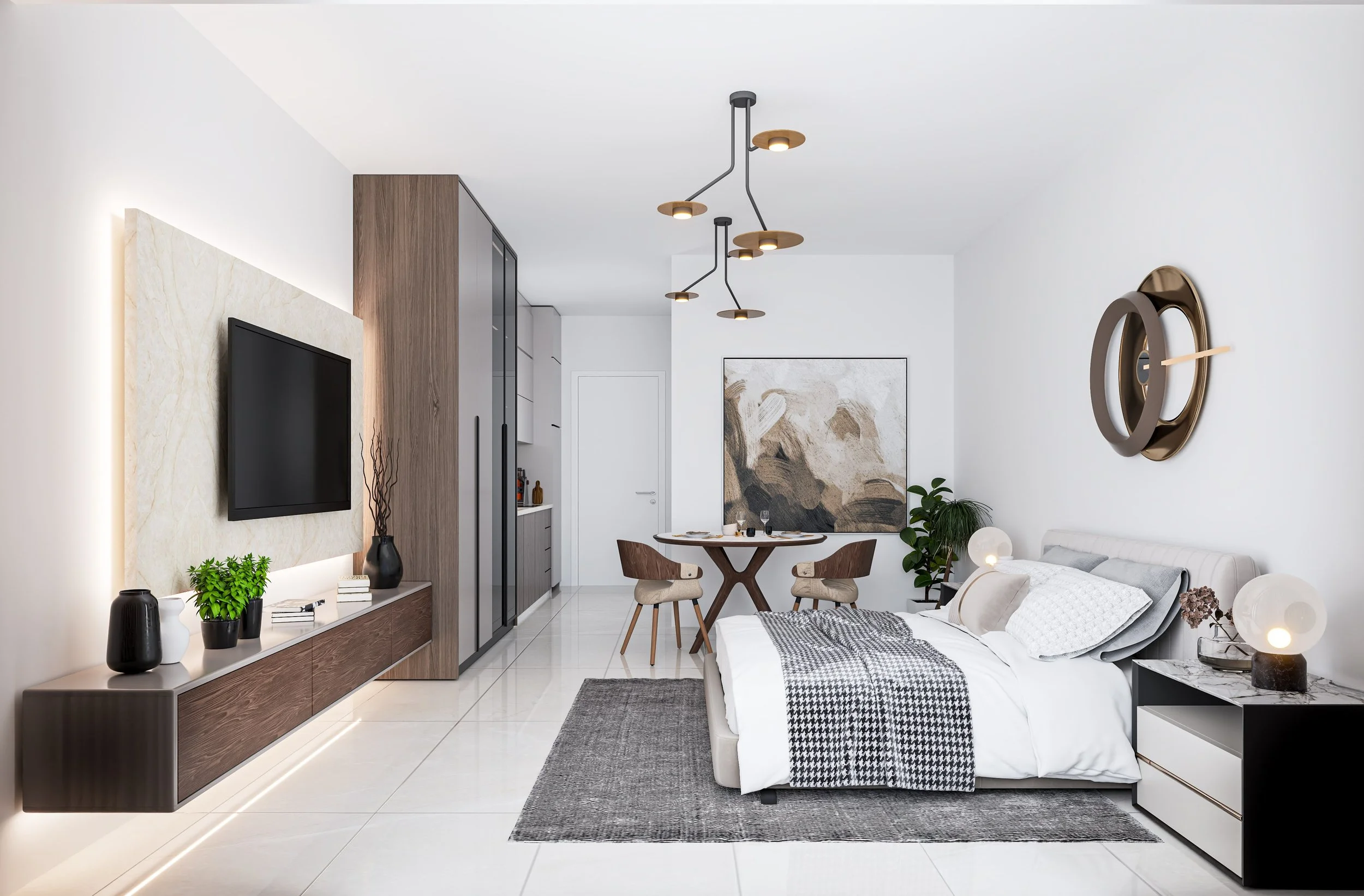 Modern studio apartment interior with a bed, wall clock, TV on the wall, small dining table with chairs, and decorative plants.