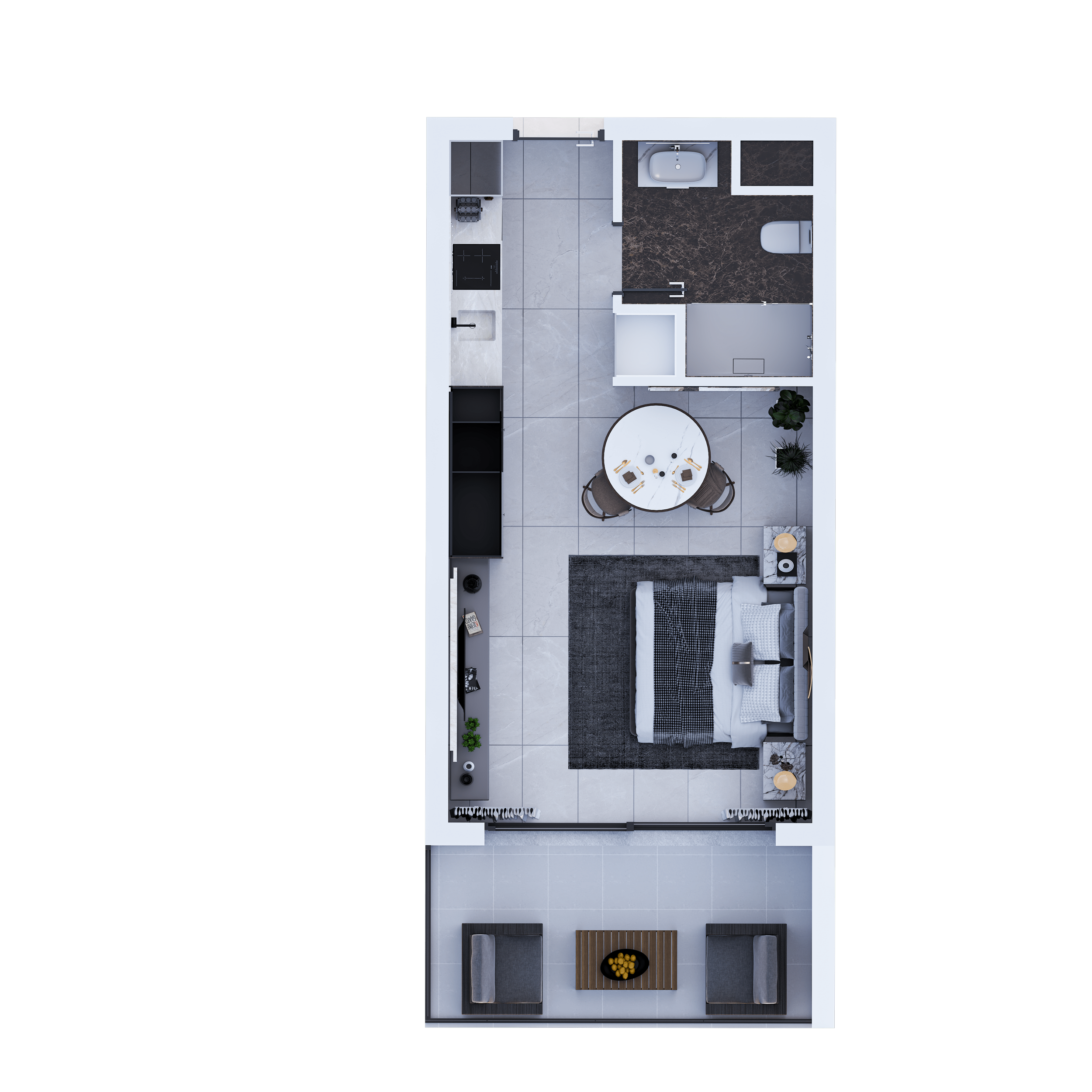 Top-down view of a modern studio apartment with a bedroom, dining area, kitchen, bathroom, and balcony.